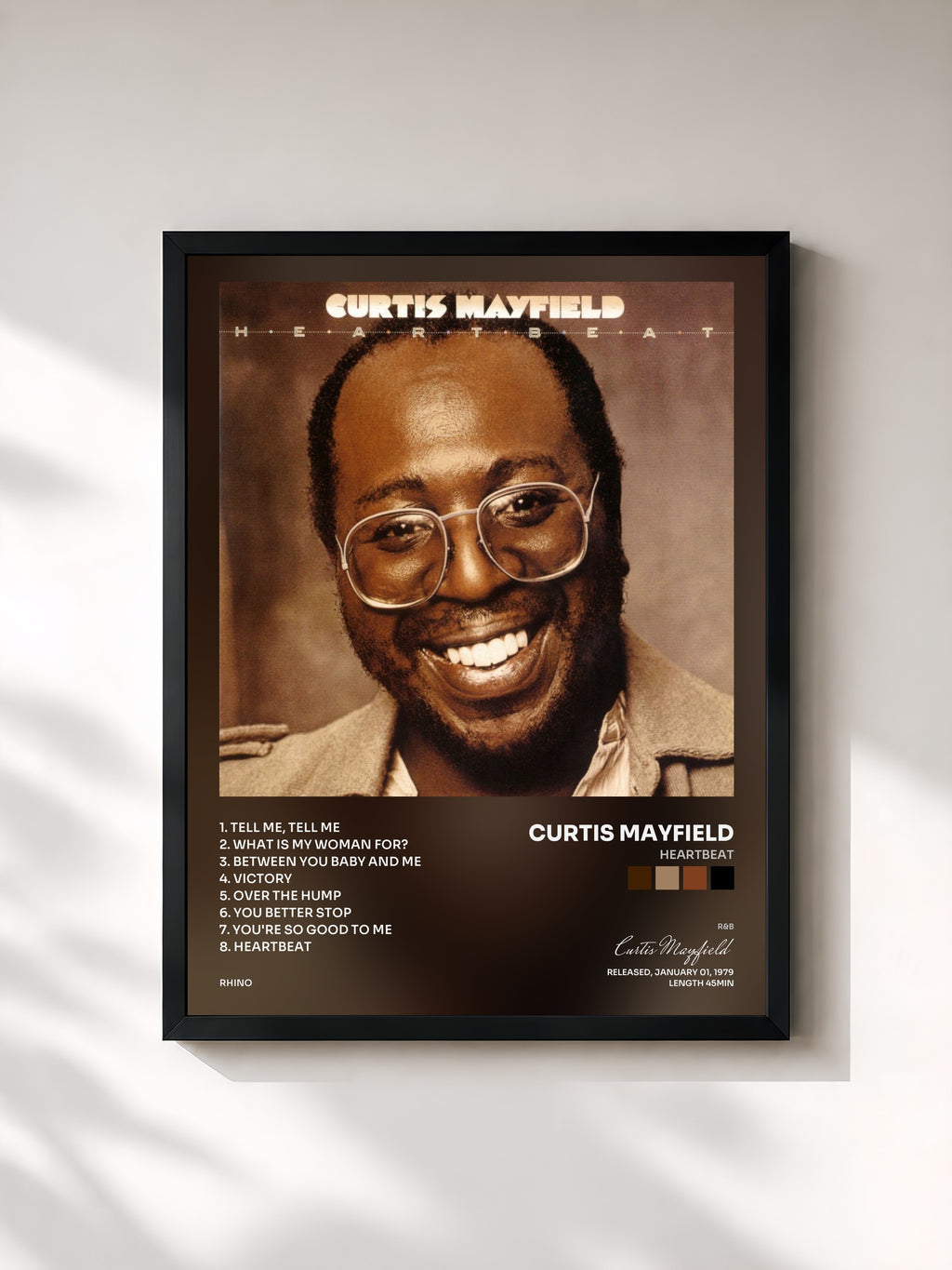 #noir Tableau de l'album Heartbeat de Curtis Mayfield, cadre noir, imprimé et encadré en France