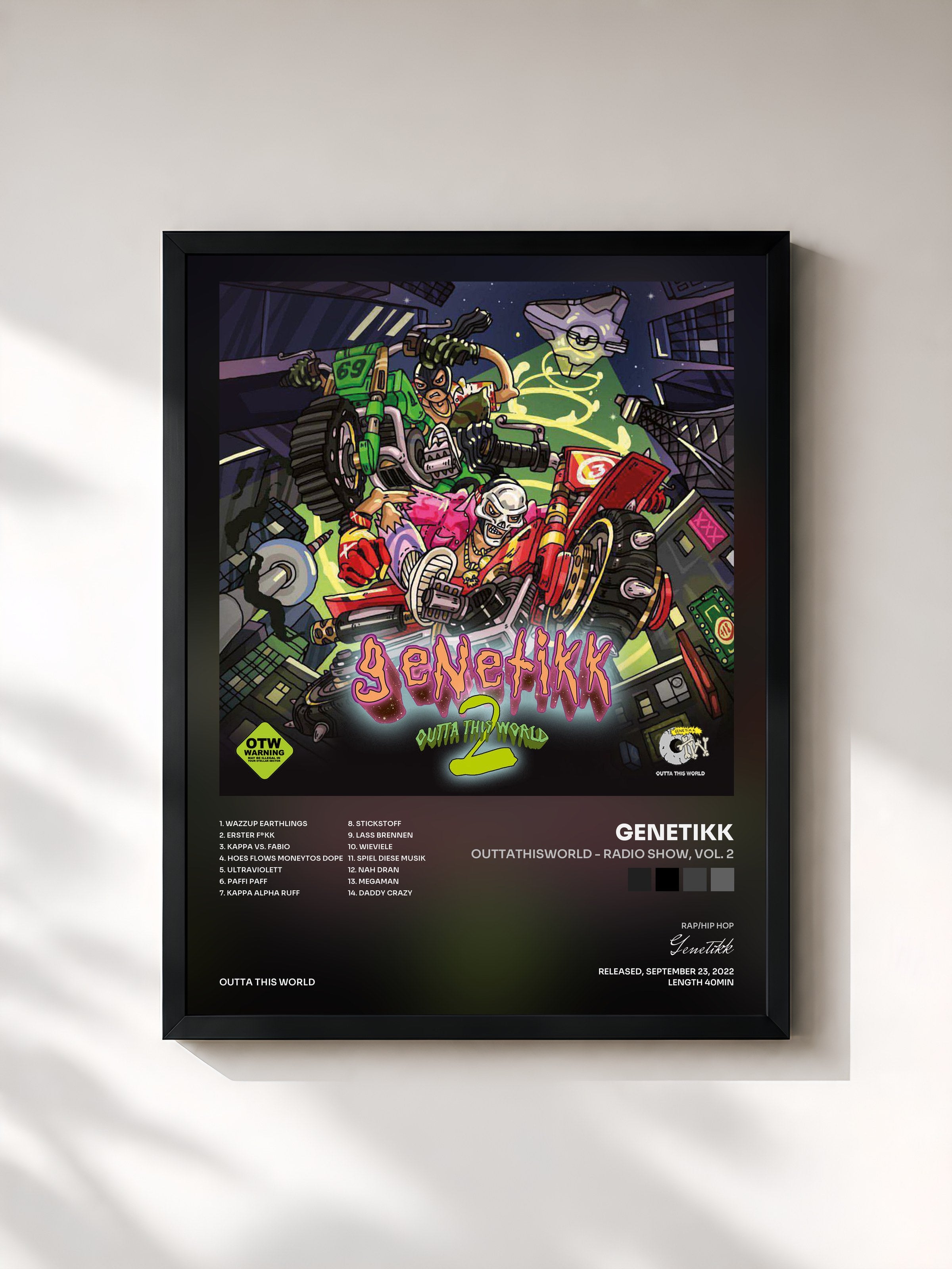 #noir Tableau de l'album OUTTATHISWORLD - RADIO SHOW, Vol. 2 de Genetikk, cadre noir, imprimé et encadré en France