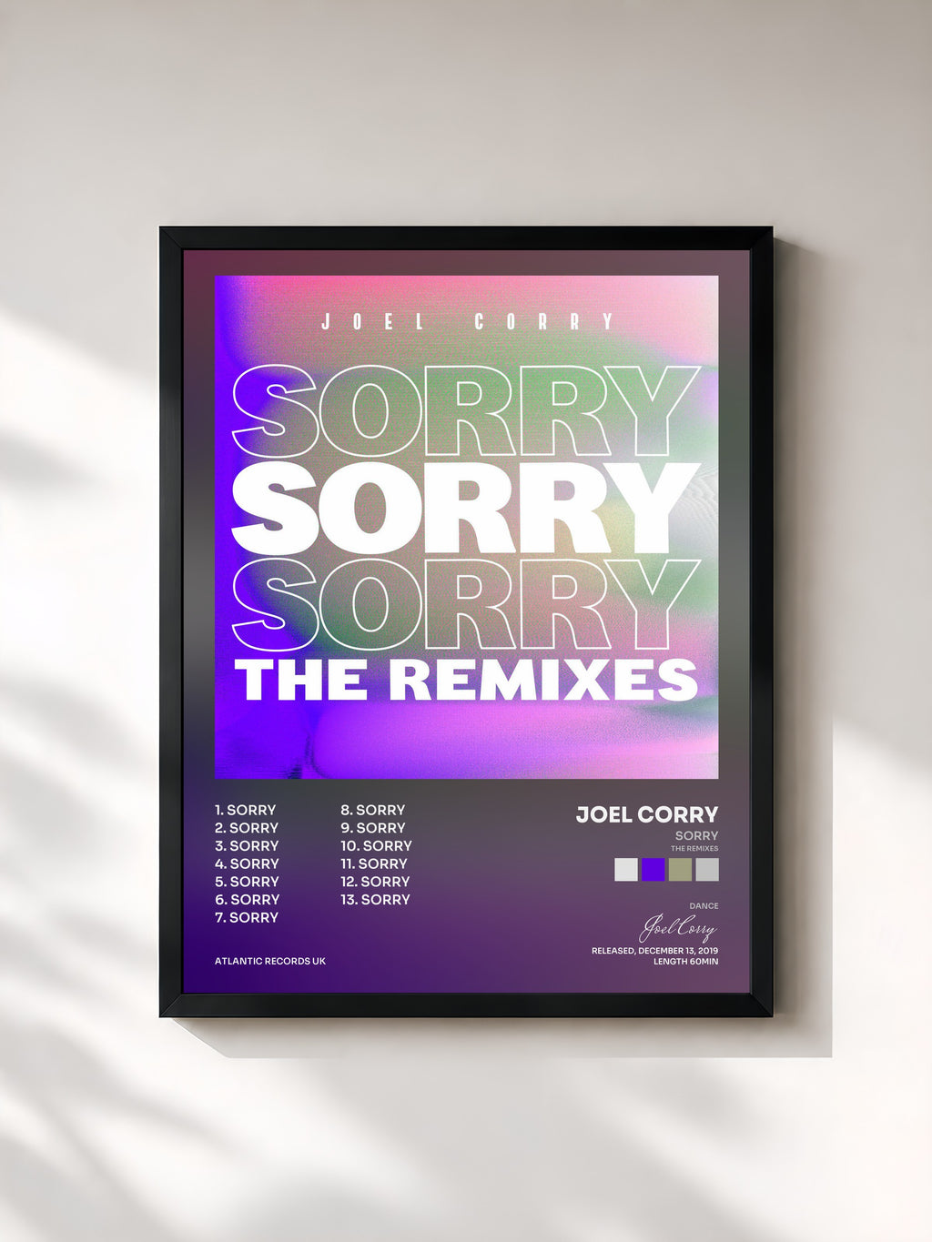#noir Tableau de l'album Sorry (The Remixes) de Joel Corry, cadre noir, imprimé et encadré en France