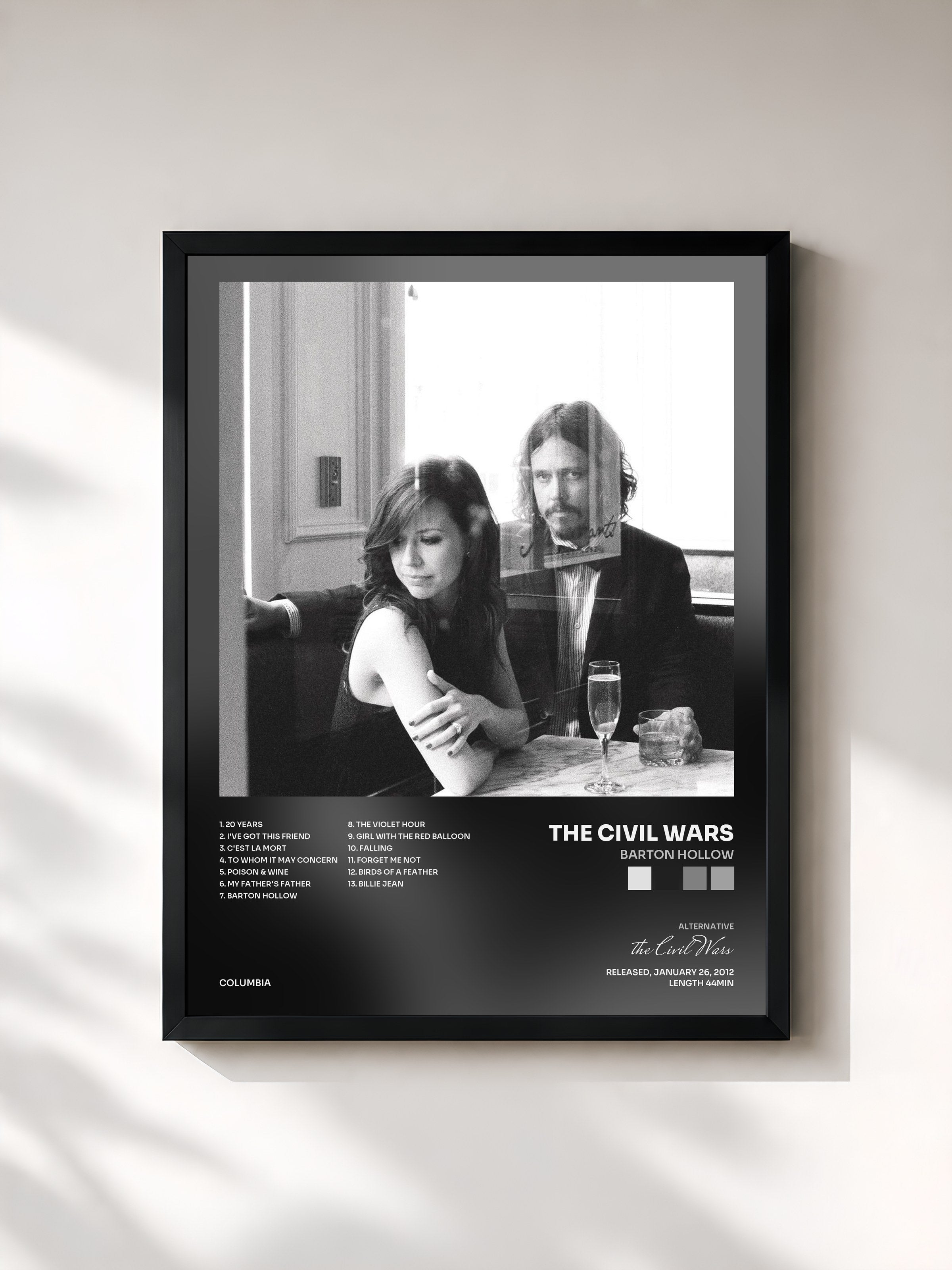 #noir Tableau de l'album Barton Hollow de the Civil Wars, cadre noir, imprimé et encadré en France