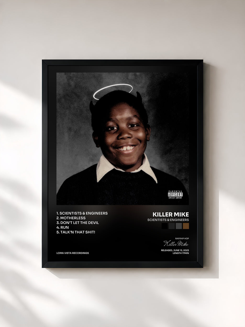 #noir Tableau de l'album SCIENTISTS & ENGINEERS de Killer Mike, cadre noir, imprimé et encadré en France