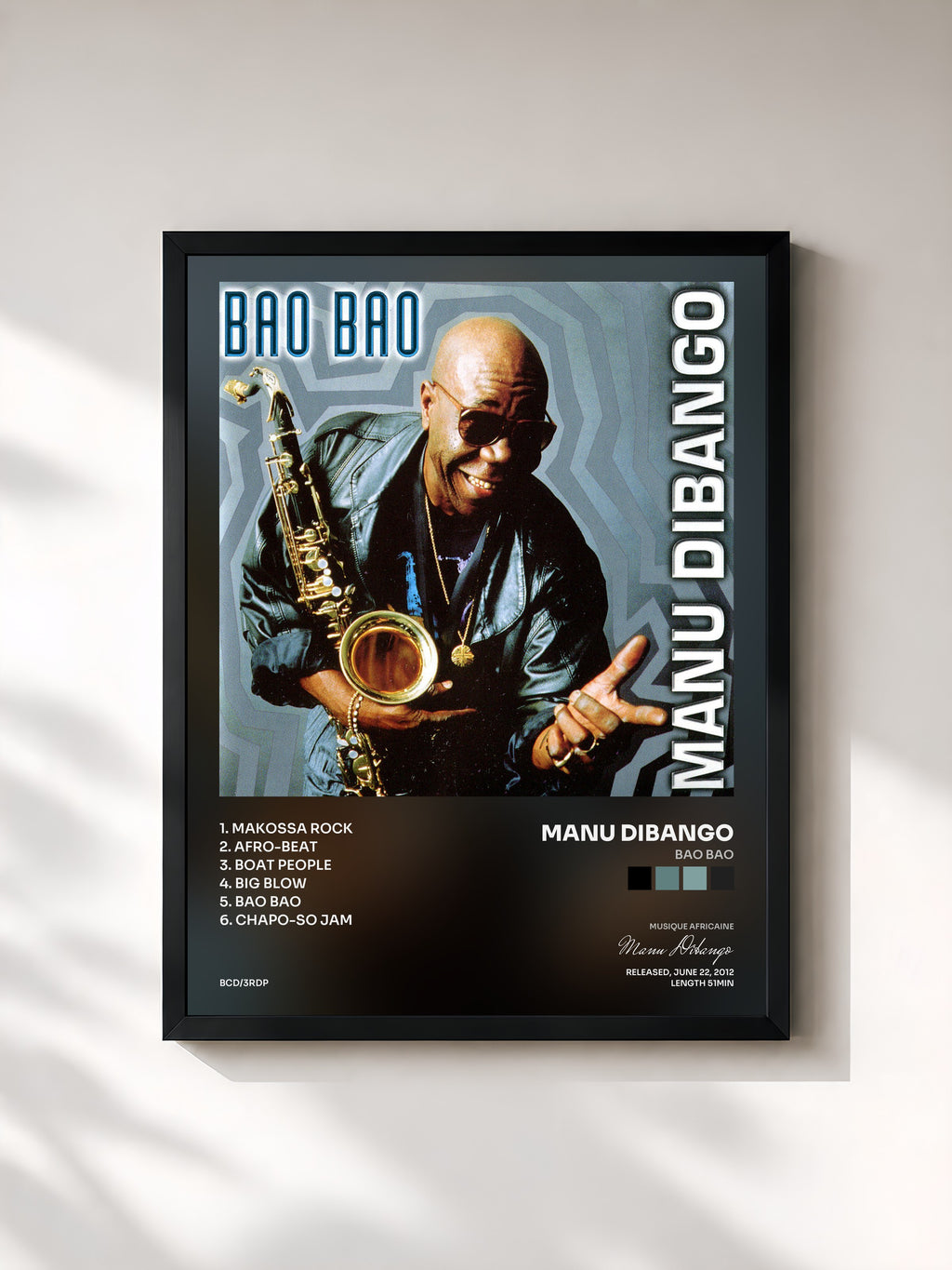 #noir Tableau de l'album Bao Bao de Manu Dibango, cadre noir, imprimé et encadré en France