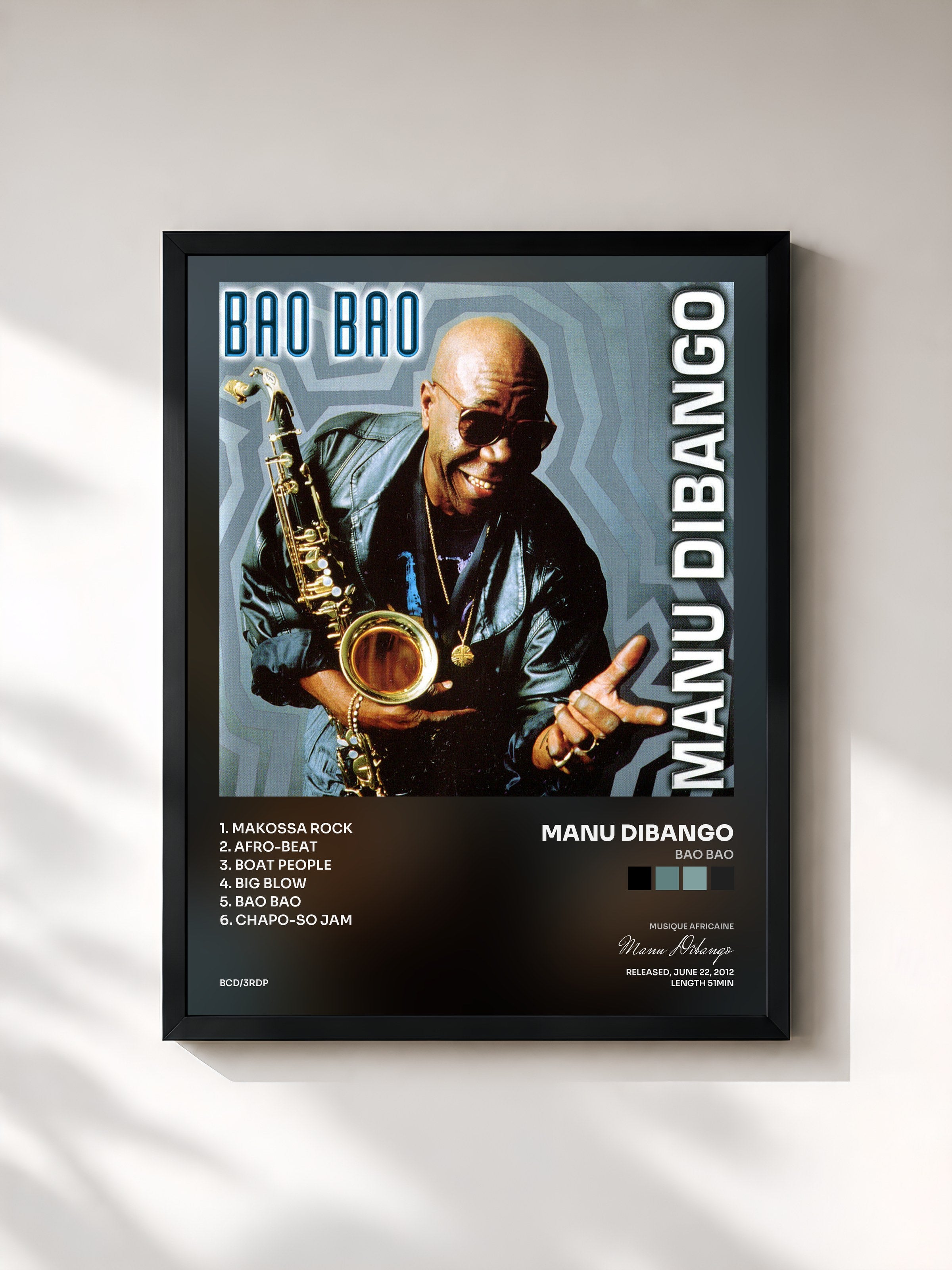 #noir Tableau de l'album Bao Bao de Manu Dibango, cadre noir, imprimé et encadré en France