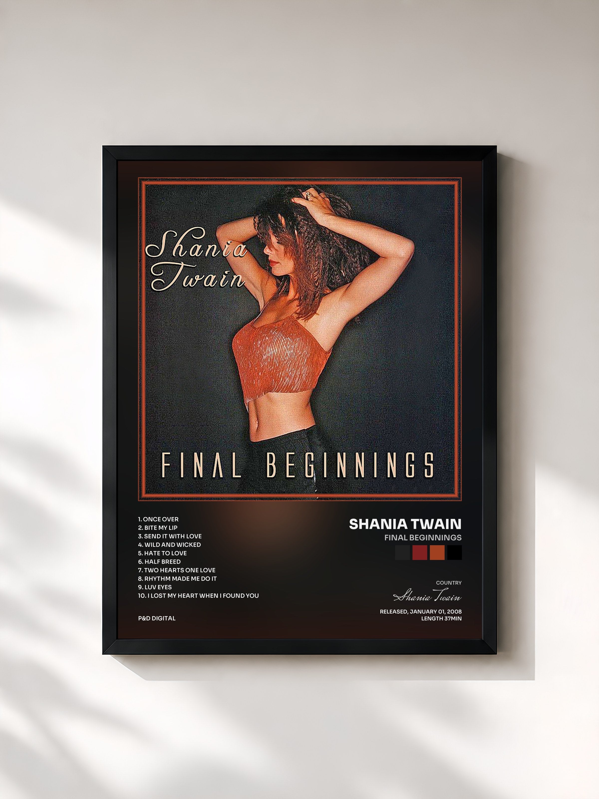 #noir Tableau de l'album Final Beginnings de Shania Twain, cadre noir, imprimé et encadré en France