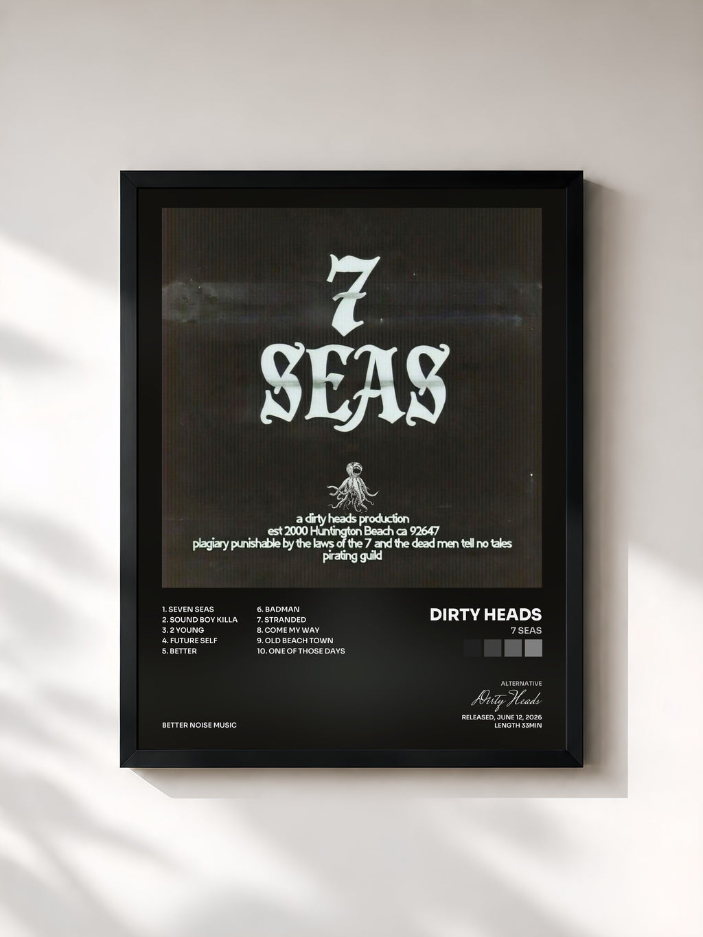 #noir Tableau de l'album 7 Seas de Dirty Heads, cadre noir, imprimé et encadré en France