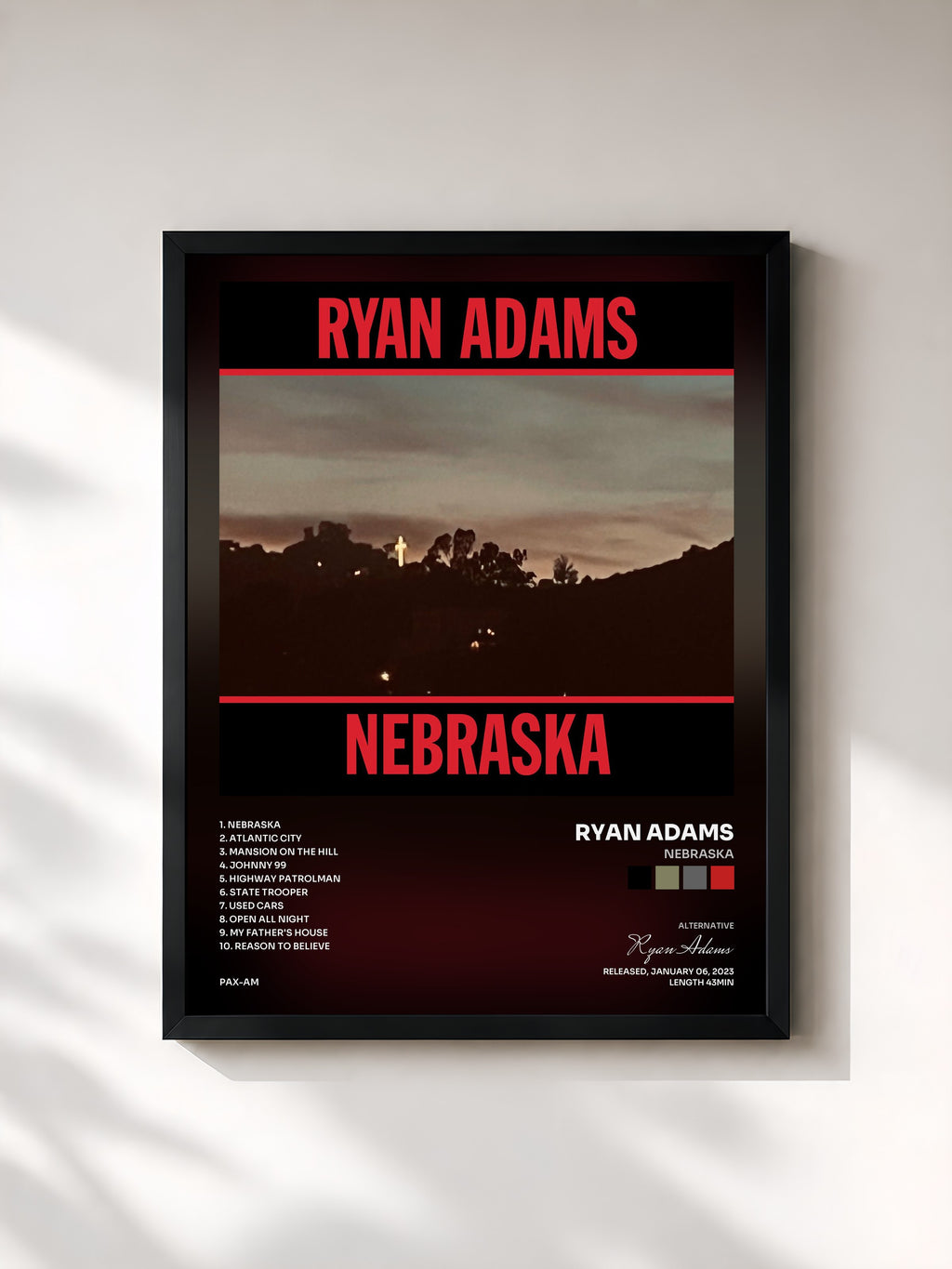 #noir Tableau de l'album Nebraska de Ryan Adams, cadre noir, imprimé et encadré en France