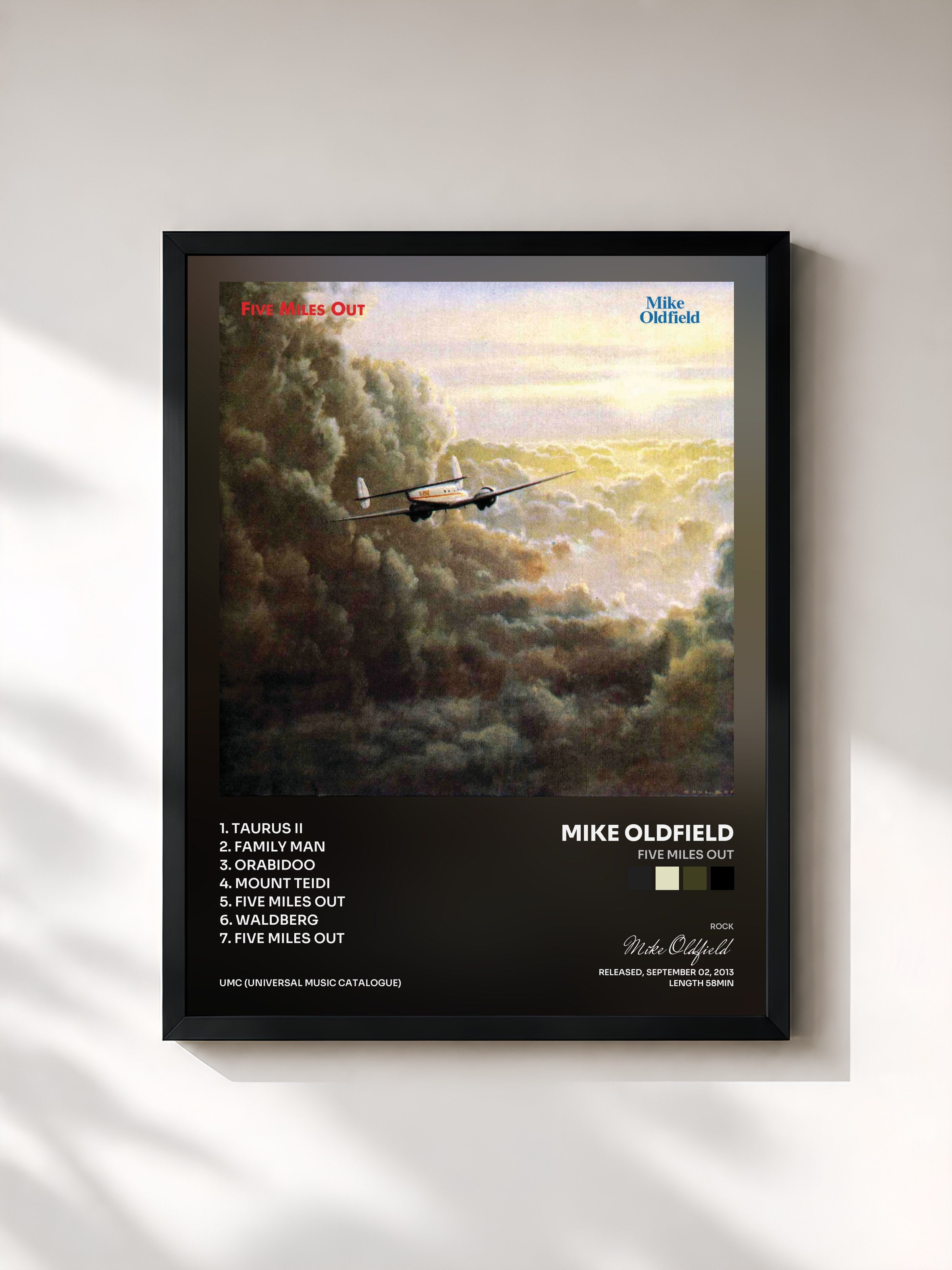#noir Tableau de l'album Five Miles Out de Mike Oldfield, cadre noir, imprimé et encadré en France