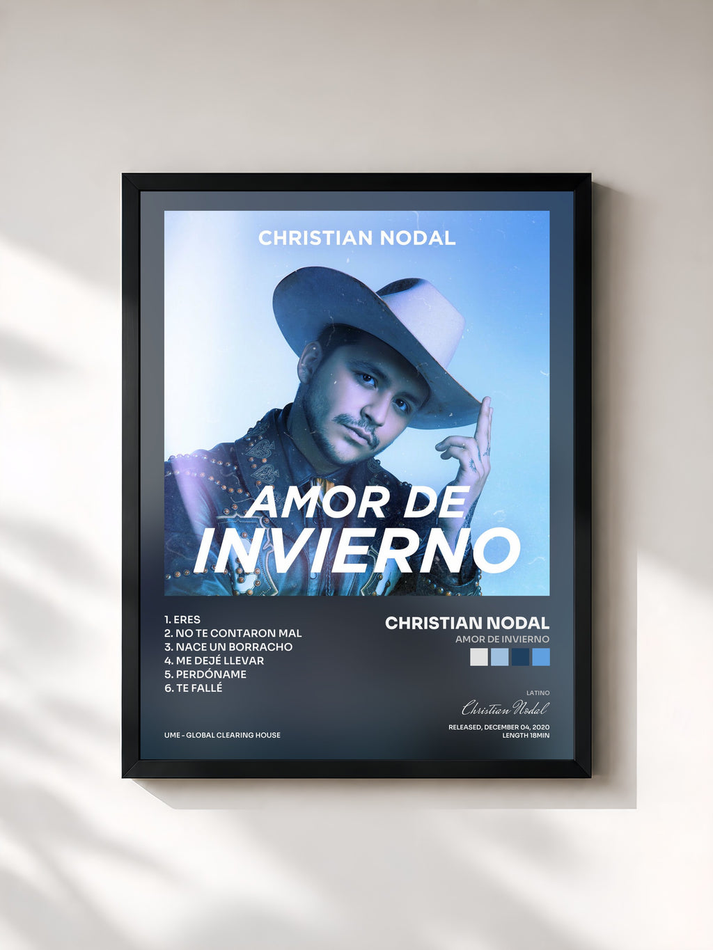 #noir Tableau de l'album Amor de Invierno de Christian Nodal, cadre noir, imprimé et encadré en France