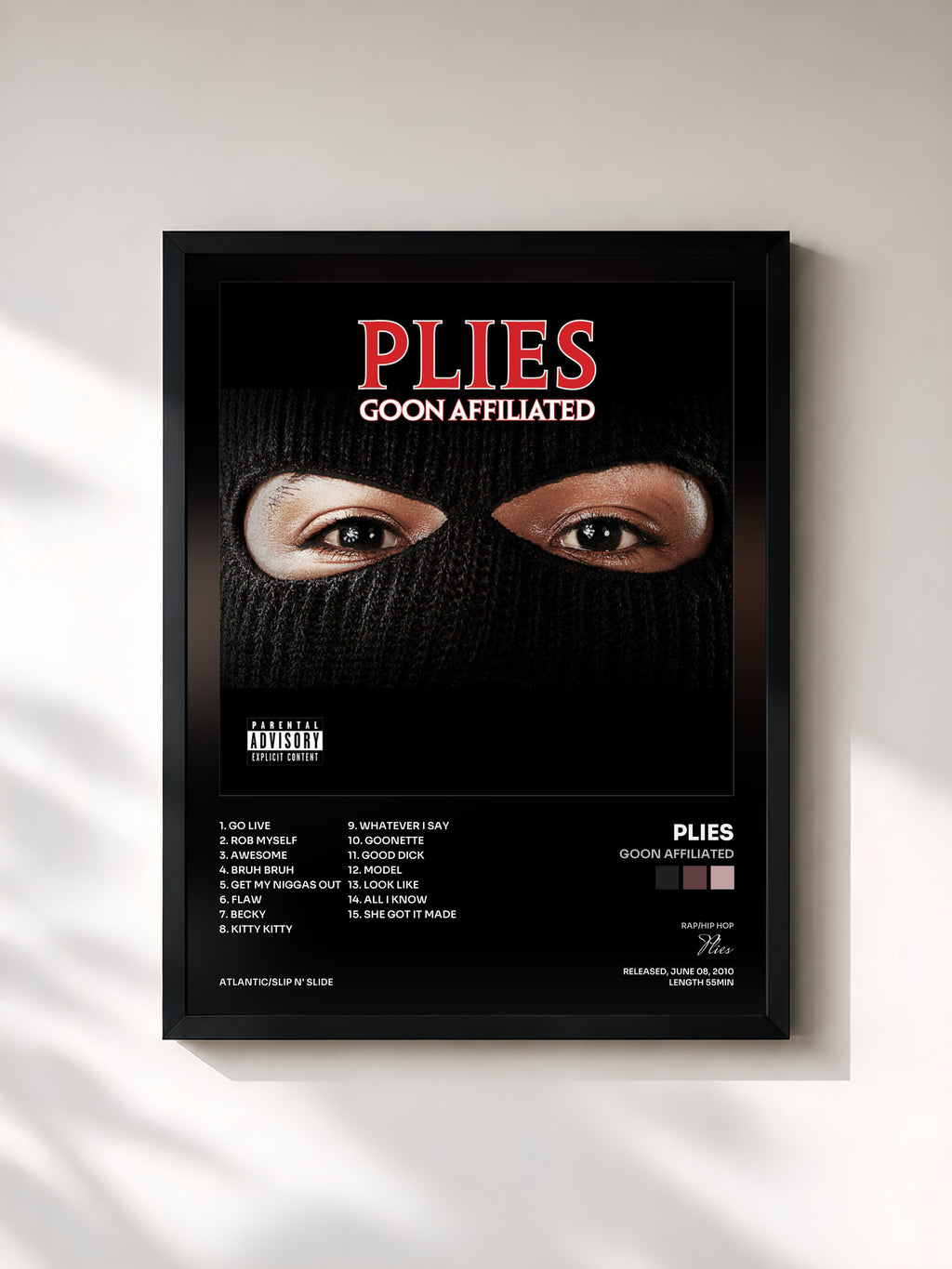 #noir Tableau de l'album Goon Affiliated de Plies, cadre noir, imprimé et encadré en France