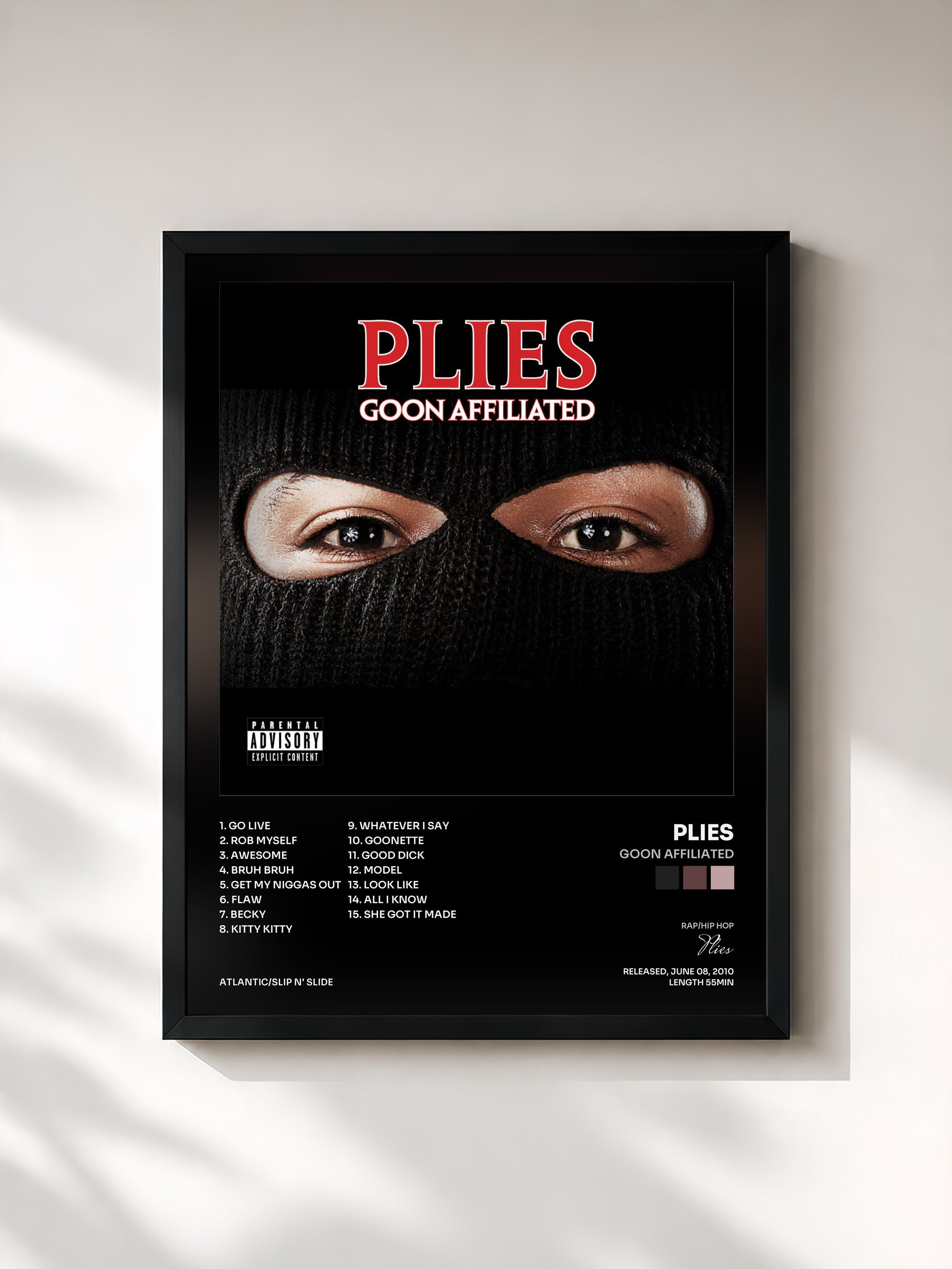 #noir Tableau de l'album Goon Affiliated de Plies, cadre noir, imprimé et encadré en France