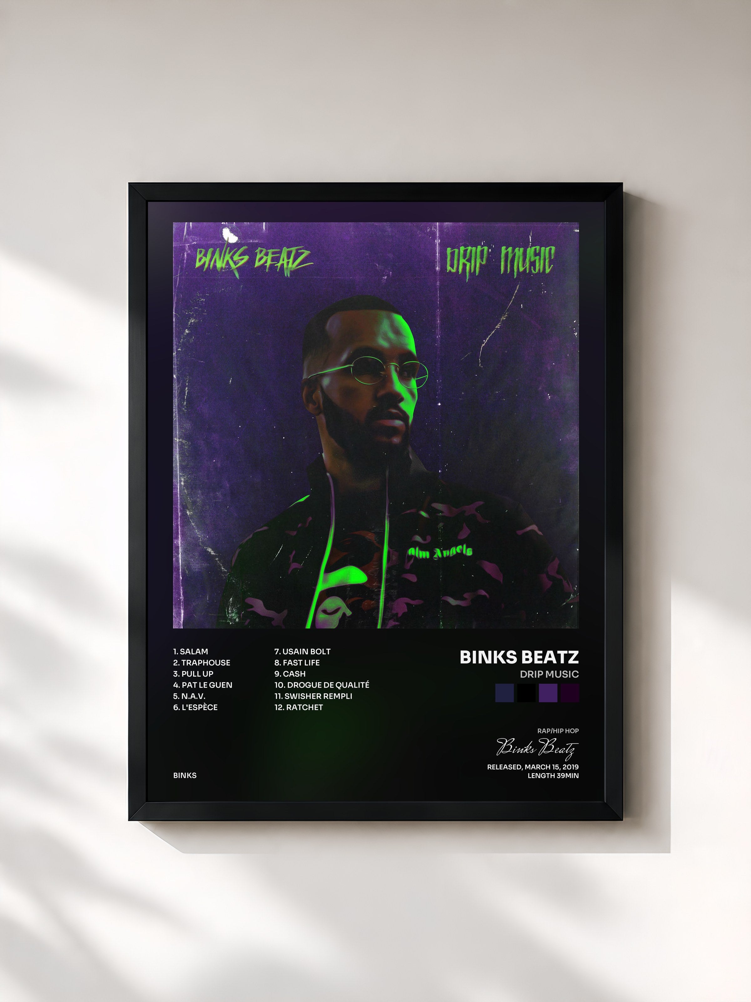 #noir Tableau de l'album Drip Music de Binks Beatz, cadre noir, imprimé et encadré en France