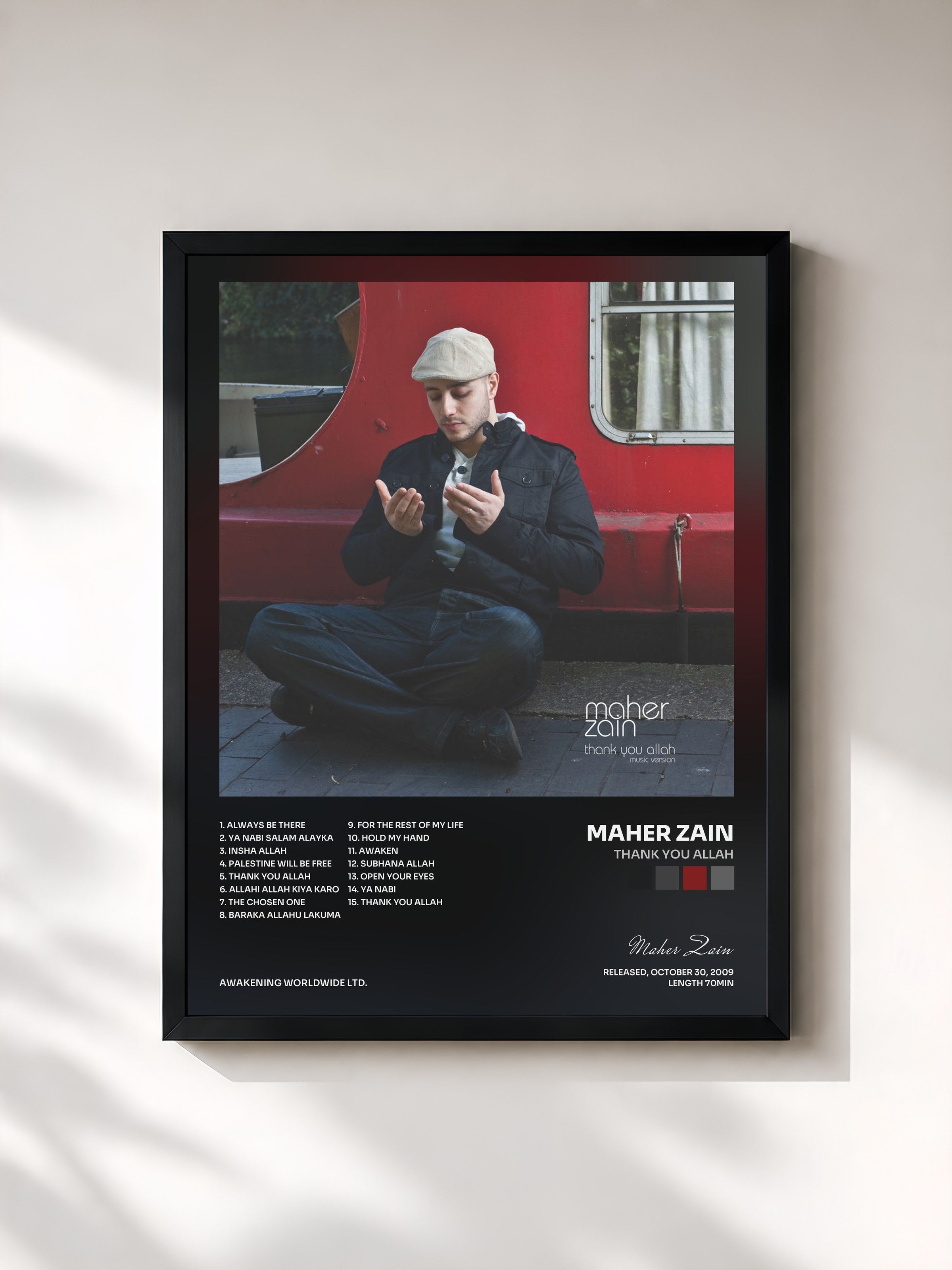 #noir Tableau de l'album Thank You Allah de Maher Zain, cadre noir, imprimé et encadré en France