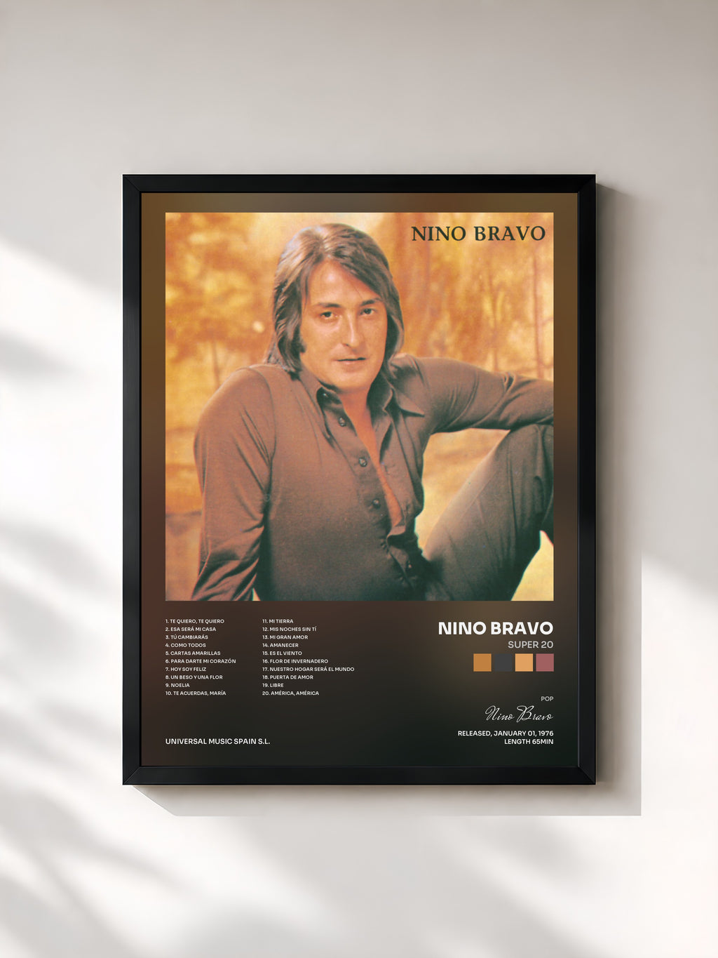 #noir Tableau de l'album Super 20 de Nino Bravo, cadre noir, imprimé et encadré en France