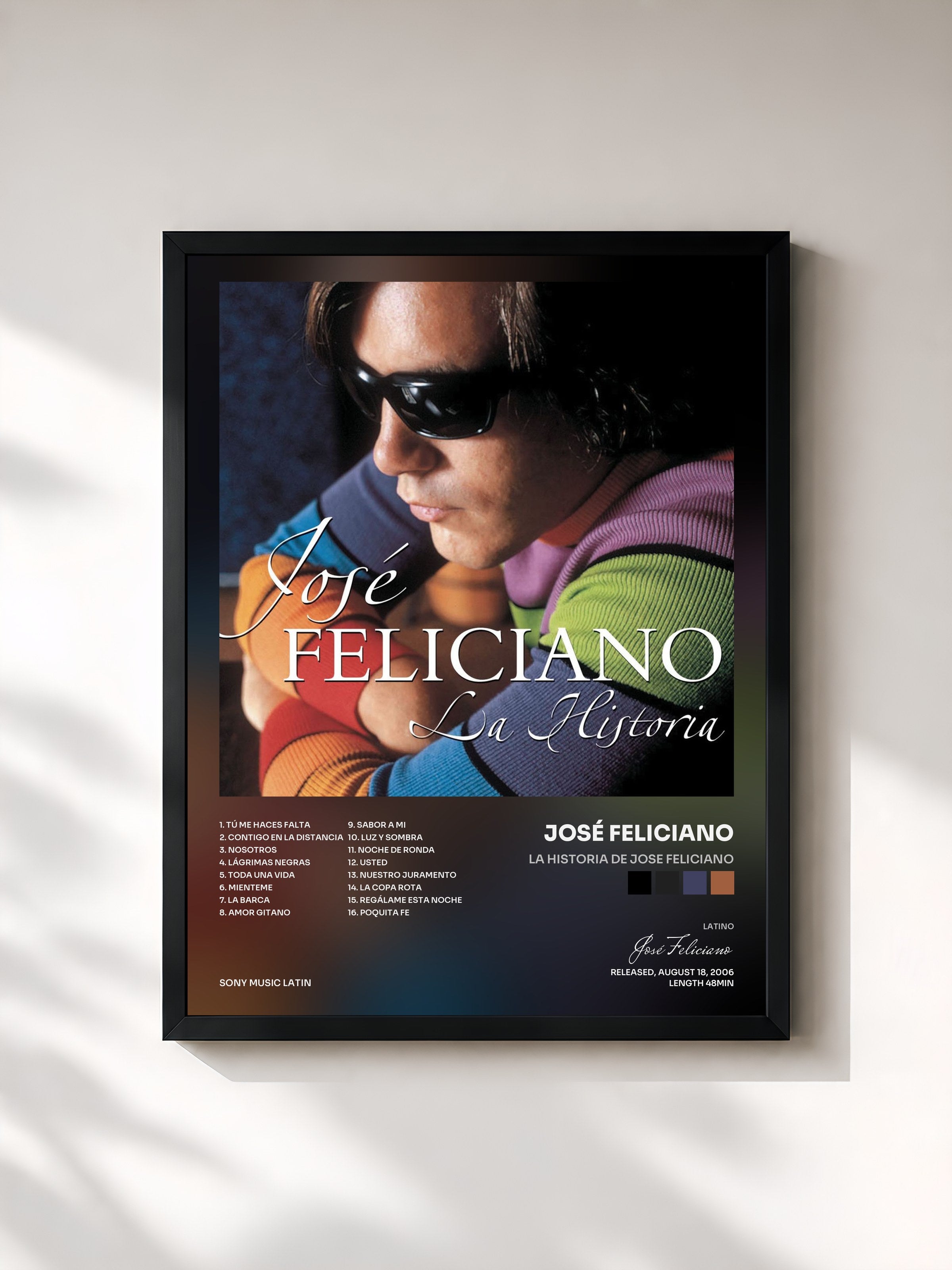 #noir Tableau de l'album La Historia De Jose Feliciano de José Feliciano, cadre noir, imprimé et encadré en France