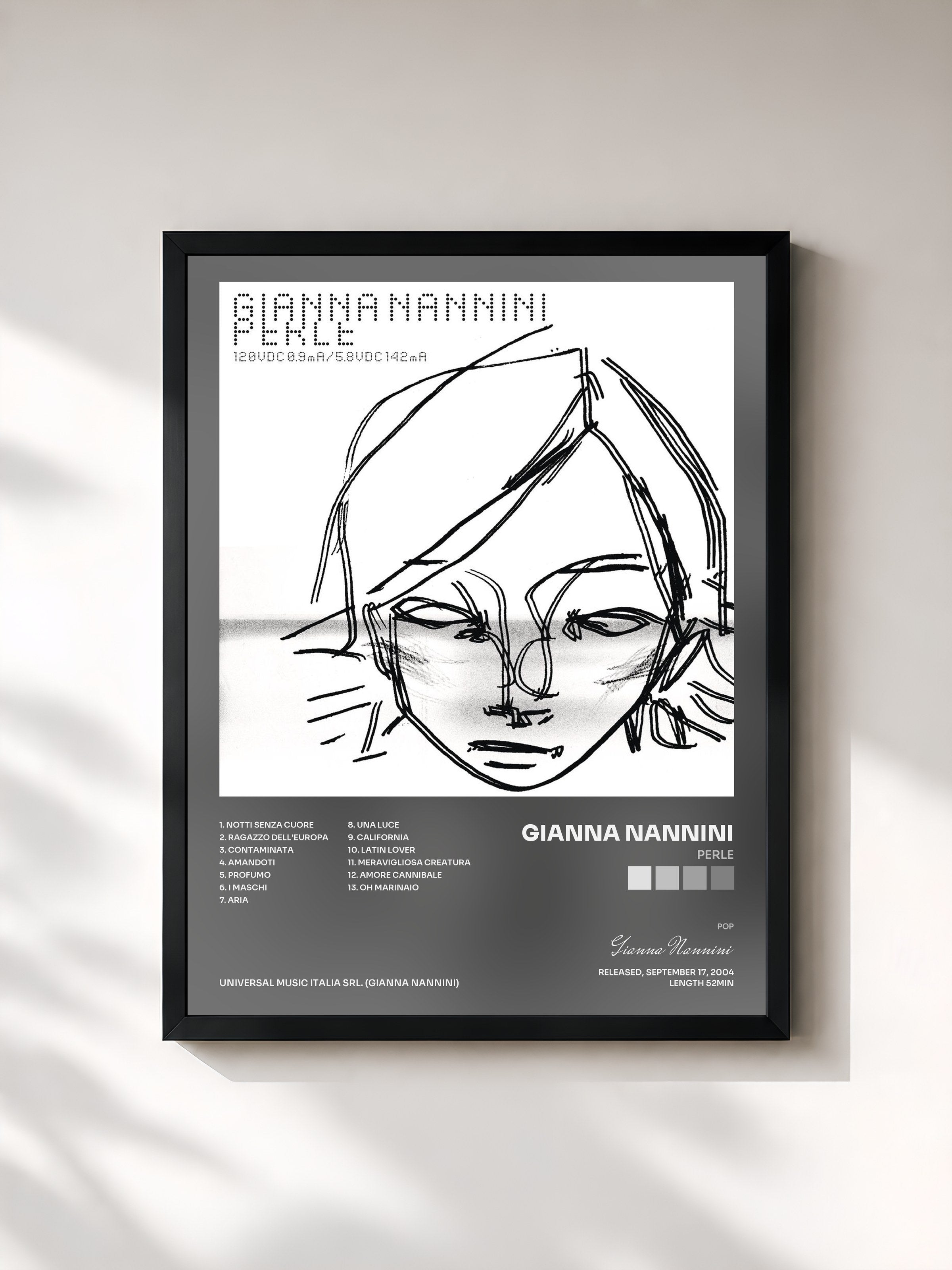 #noir Tableau de l'album Perle de Gianna Nannini, cadre noir, imprimé et encadré en France