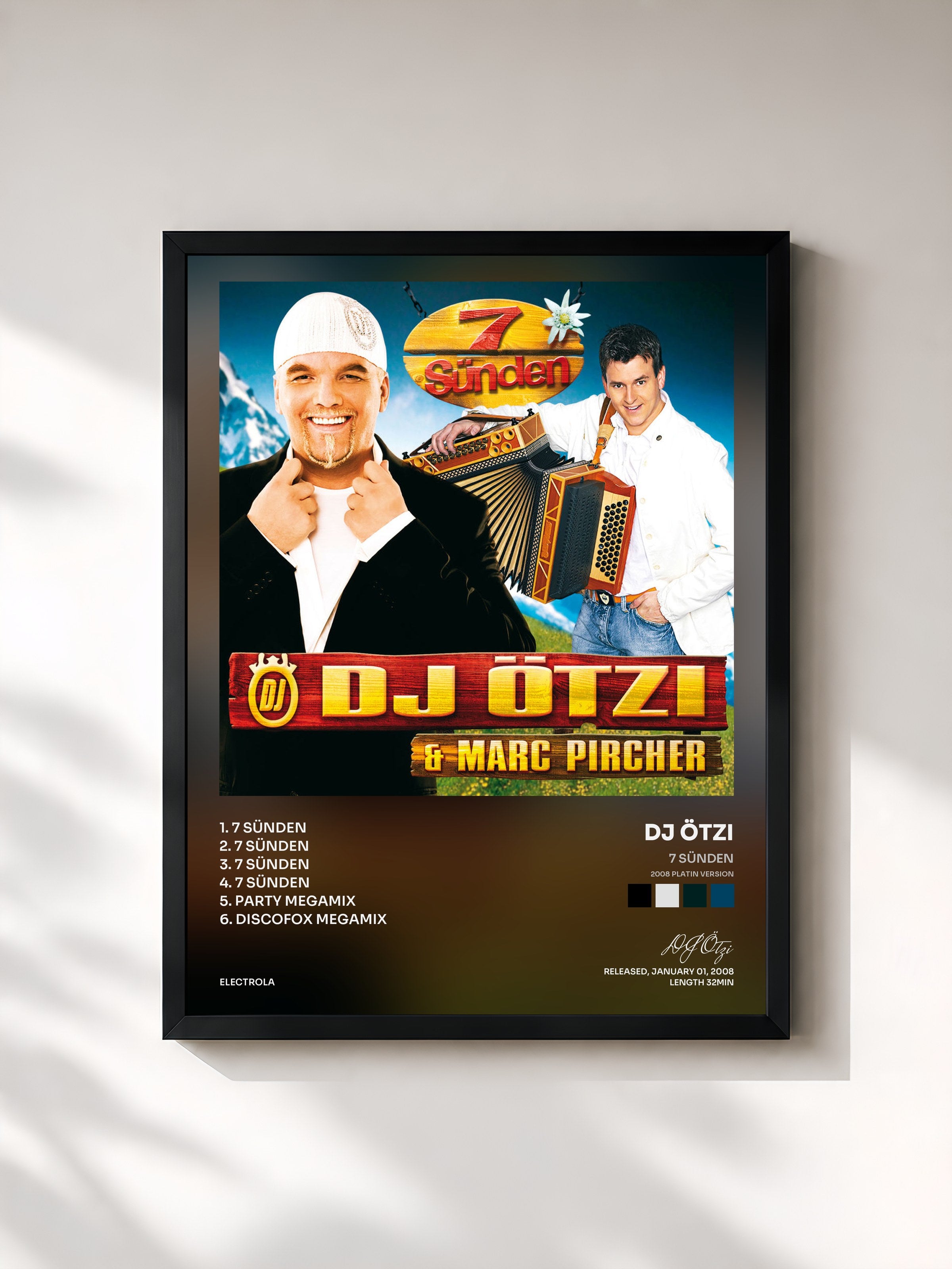 #noir Tableau de l'album 7 Sünden (2008 Platin Version) de DJ Ötzi, cadre noir, imprimé et encadré en France