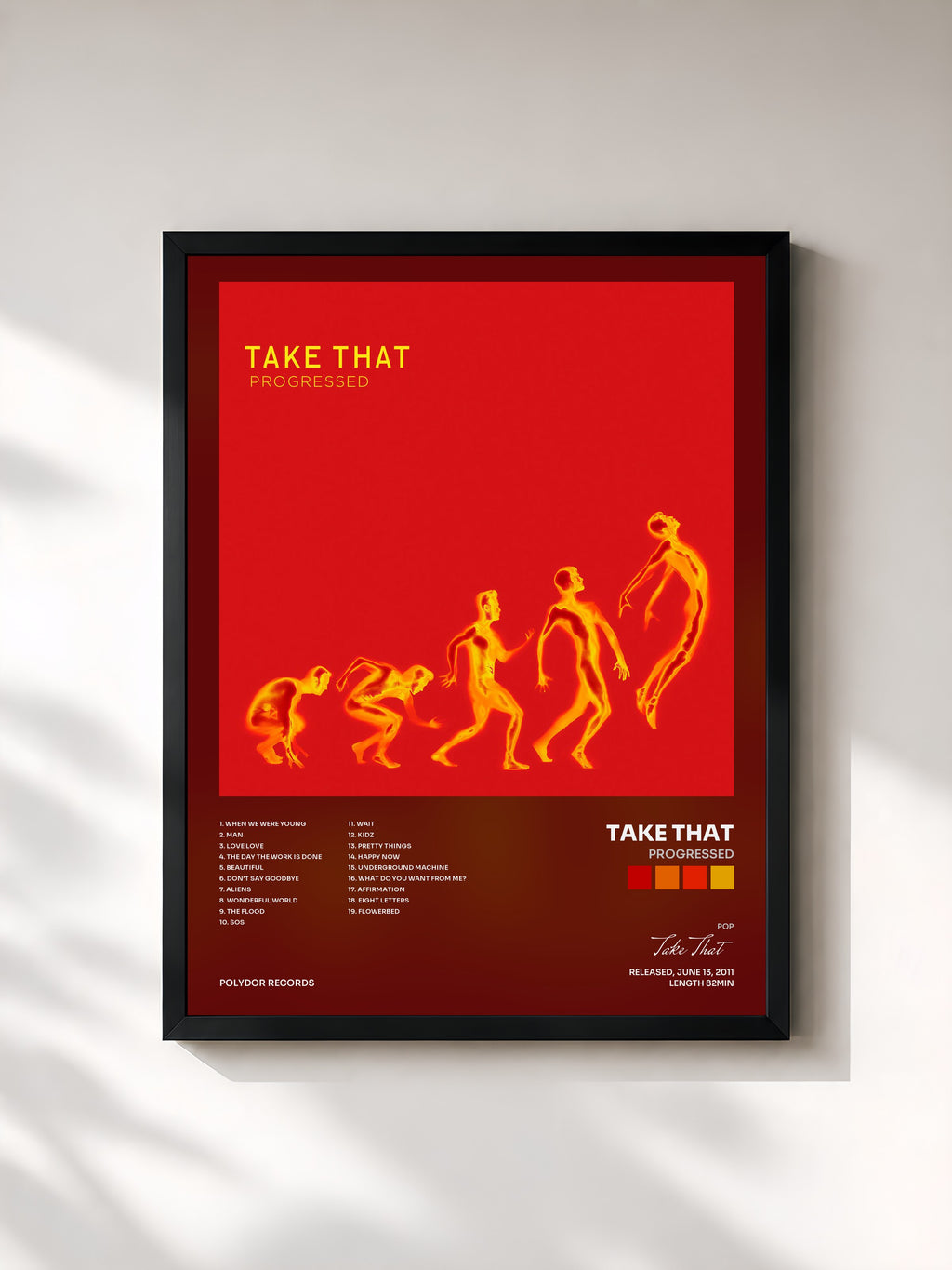 #noir Tableau de l'album Progressed de Take That, cadre noir, imprimé et encadré en France