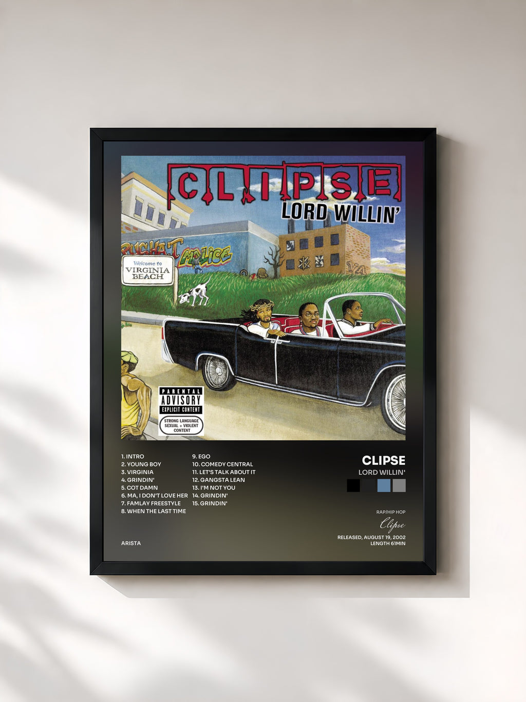 #noir Tableau de l'album Lord Willin' de Clipse, cadre noir, imprimé et encadré en France