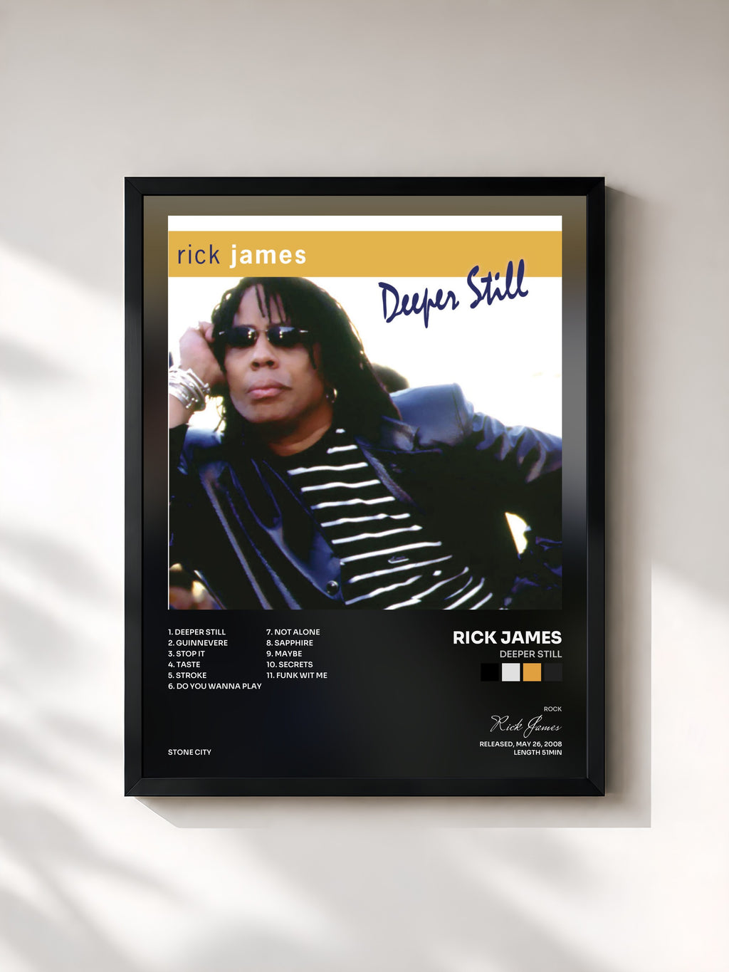 #noir Tableau de l'album Deeper Still de Rick James, cadre noir, imprimé et encadré en France