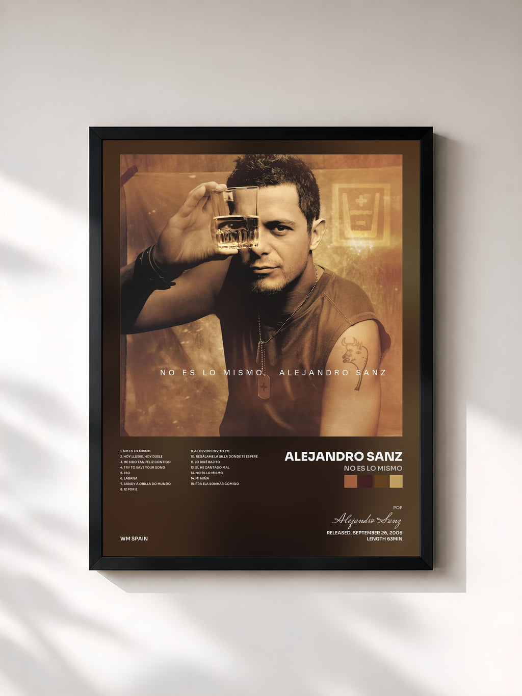 #noir Tableau de l'album No es lo mismo de Alejandro Sanz, cadre noir, imprimé et encadré en France