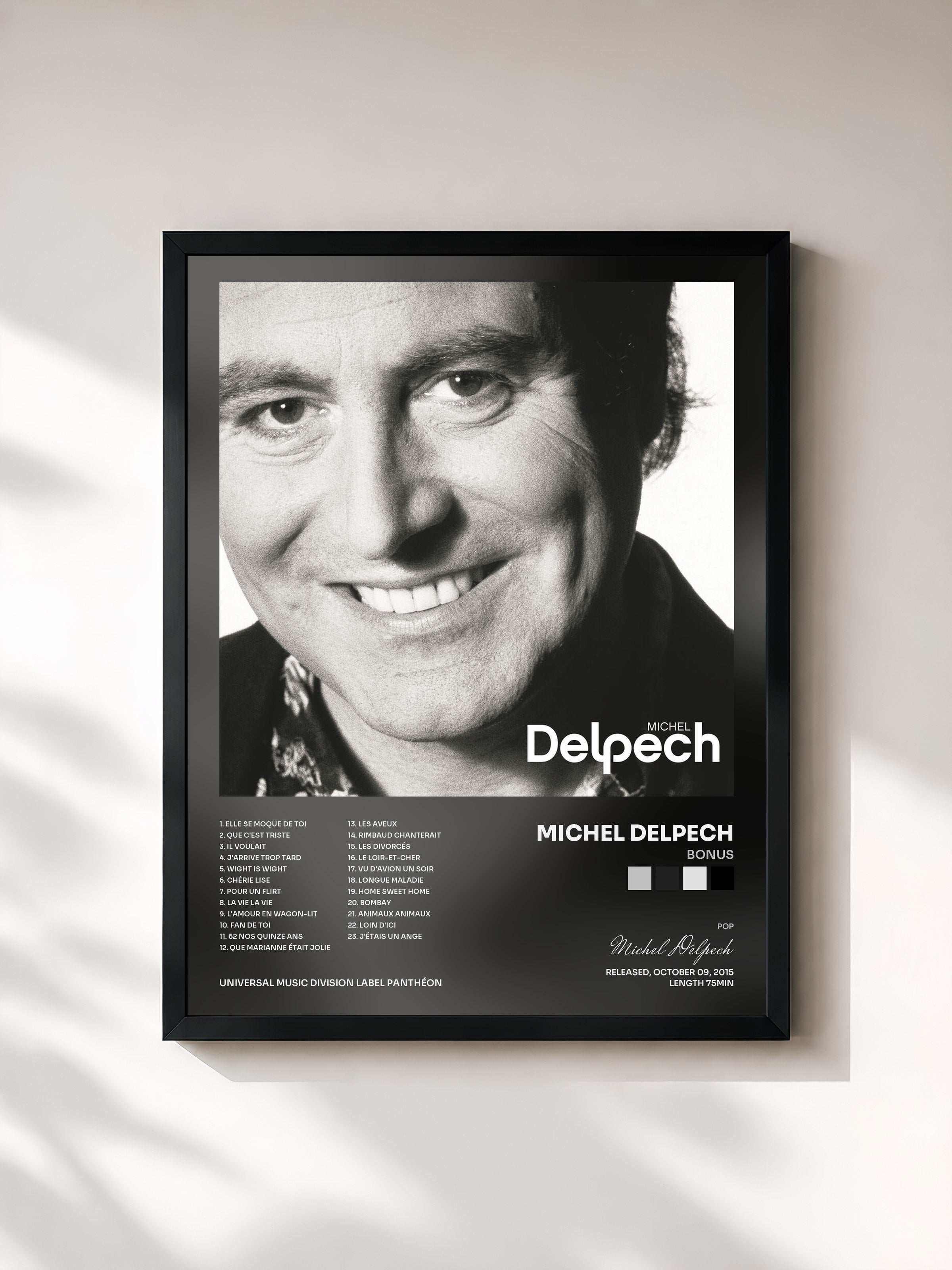 #noir Tableau de l'album Bonus de Michel Delpech, cadre noir, imprimé et encadré en France