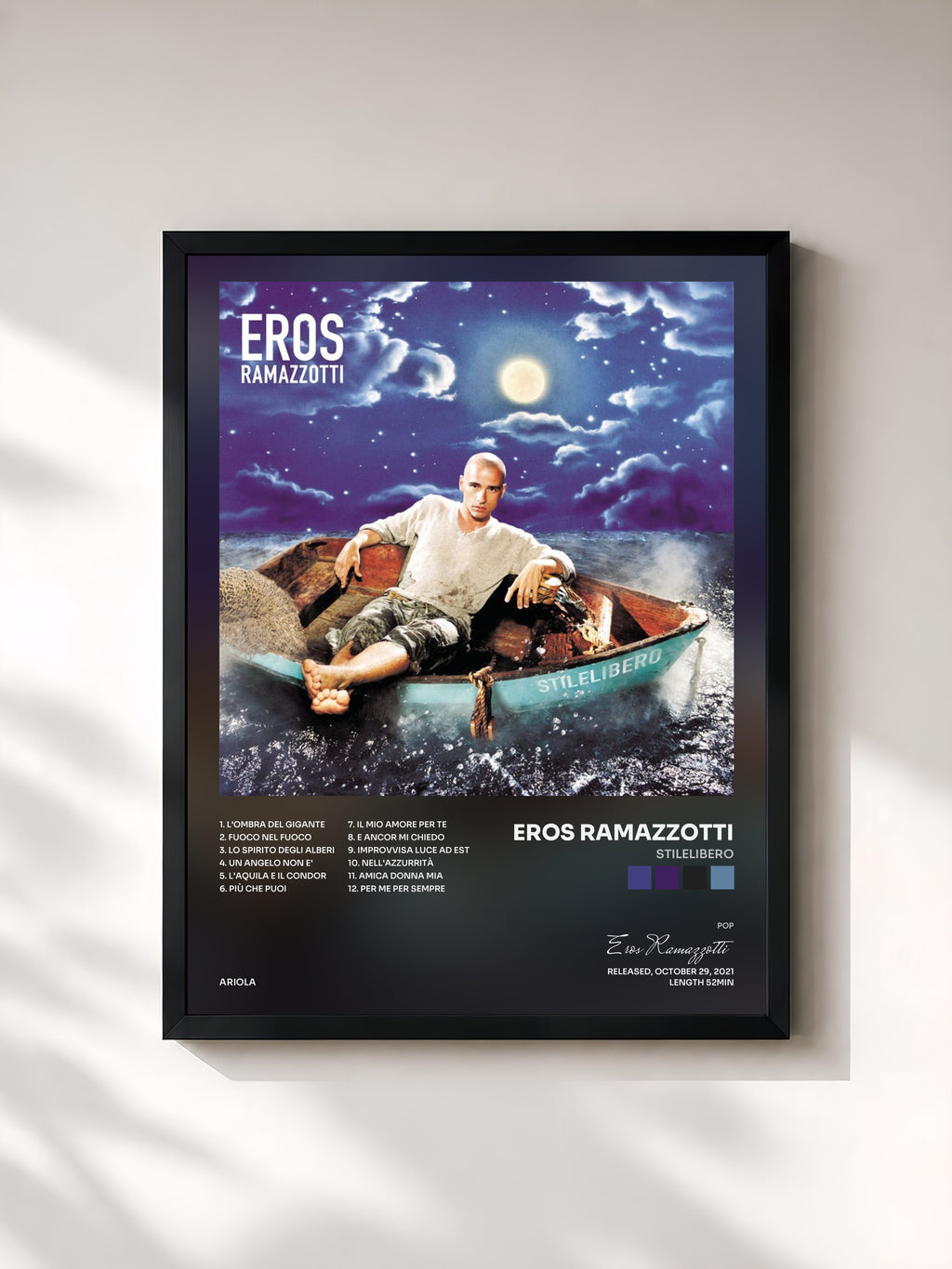 #noir Tableau de l'album Stilelibero de Eros Ramazzotti, cadre noir, imprimé et encadré en France