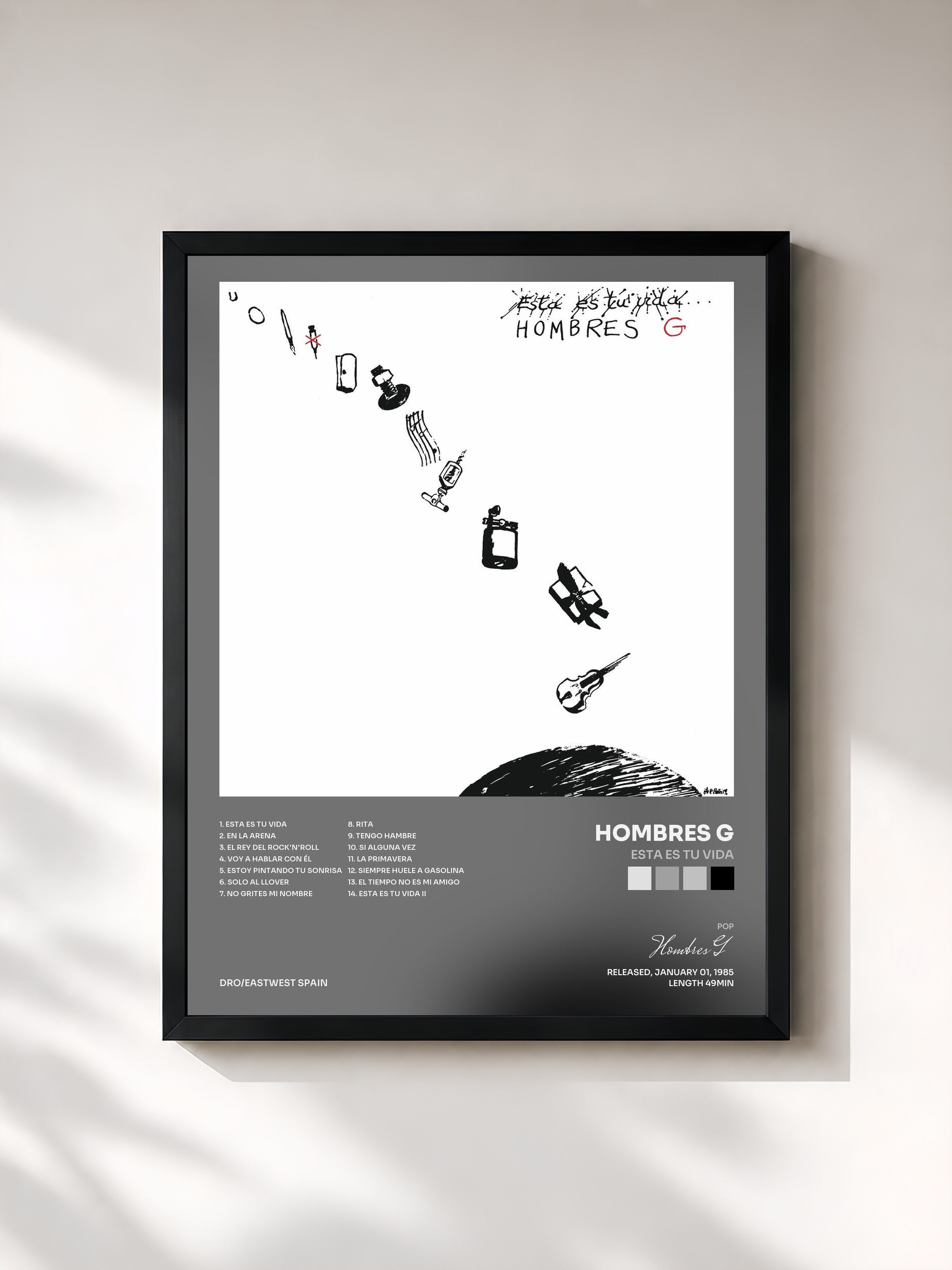 #noir Tableau de l'album Esta Es Tu Vida de Hombres G, cadre noir, imprimé et encadré en France