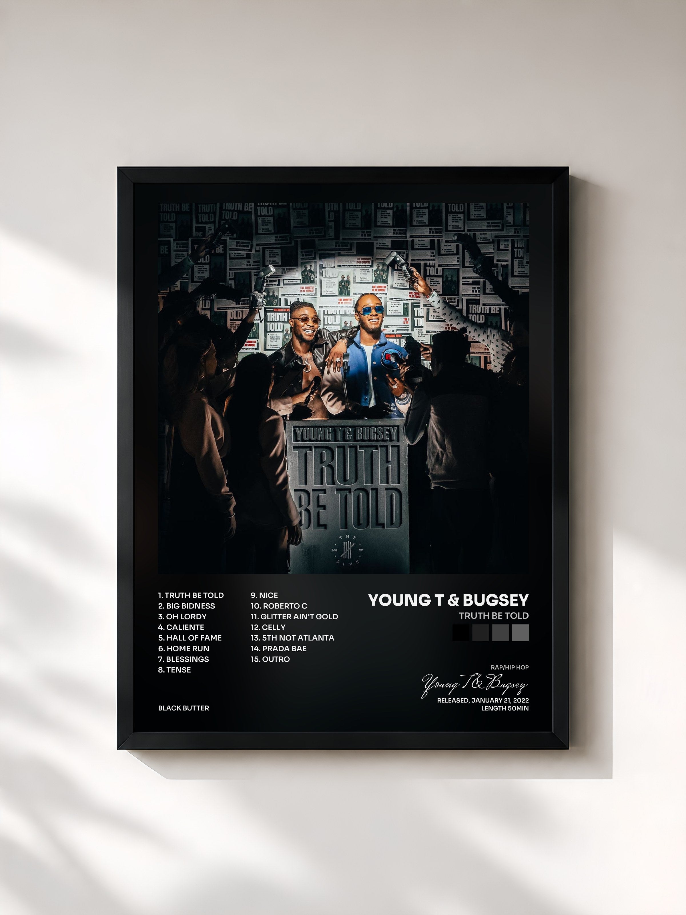 #noir Tableau de l'album Truth Be Told de Young T & Bugsey, cadre noir, imprimé et encadré en France