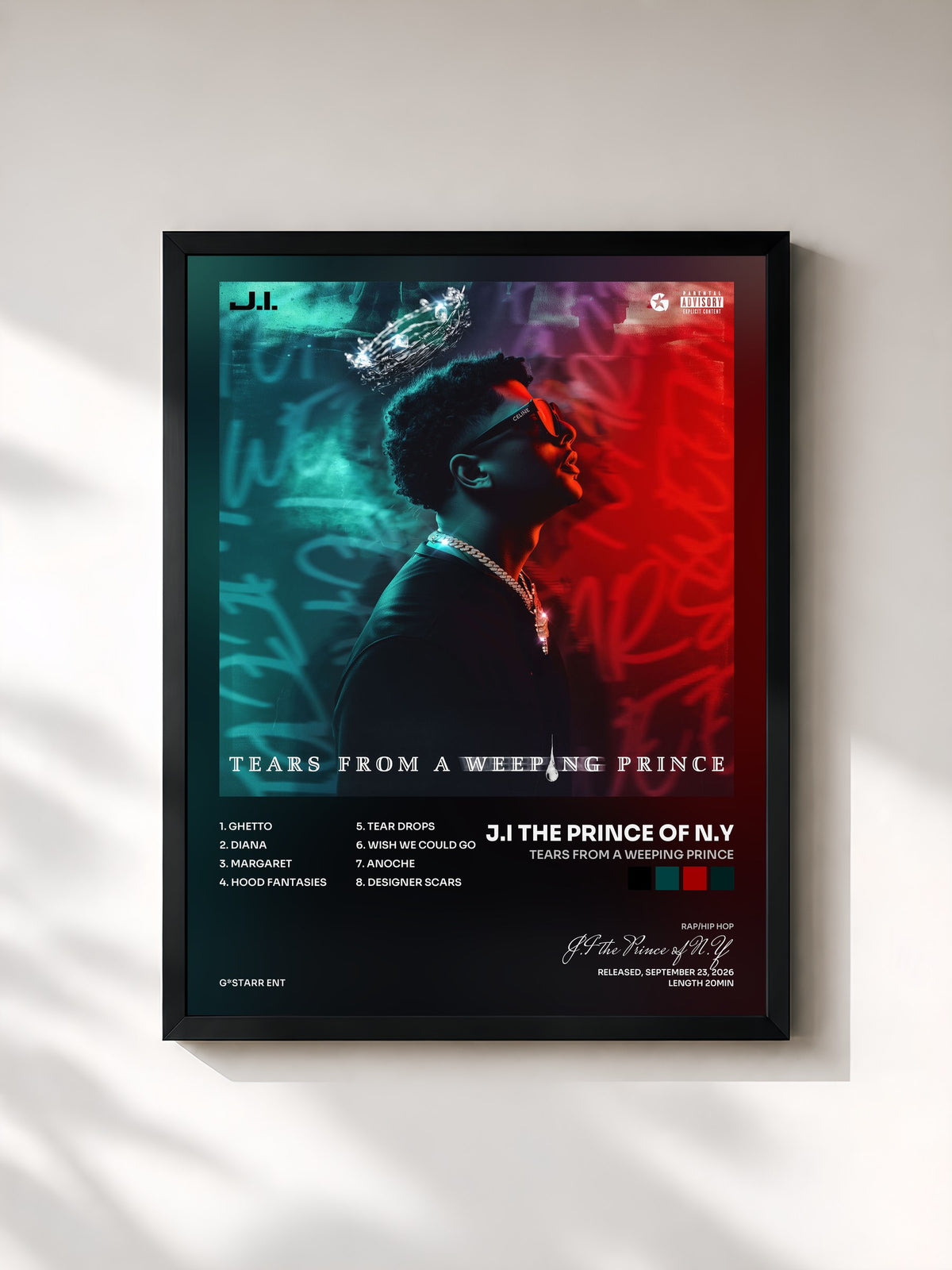 #noir Tableau de l'album Tears From A Weeping Prince de J.I the Prince of N.Y, cadre noir, imprimé et encadré en France