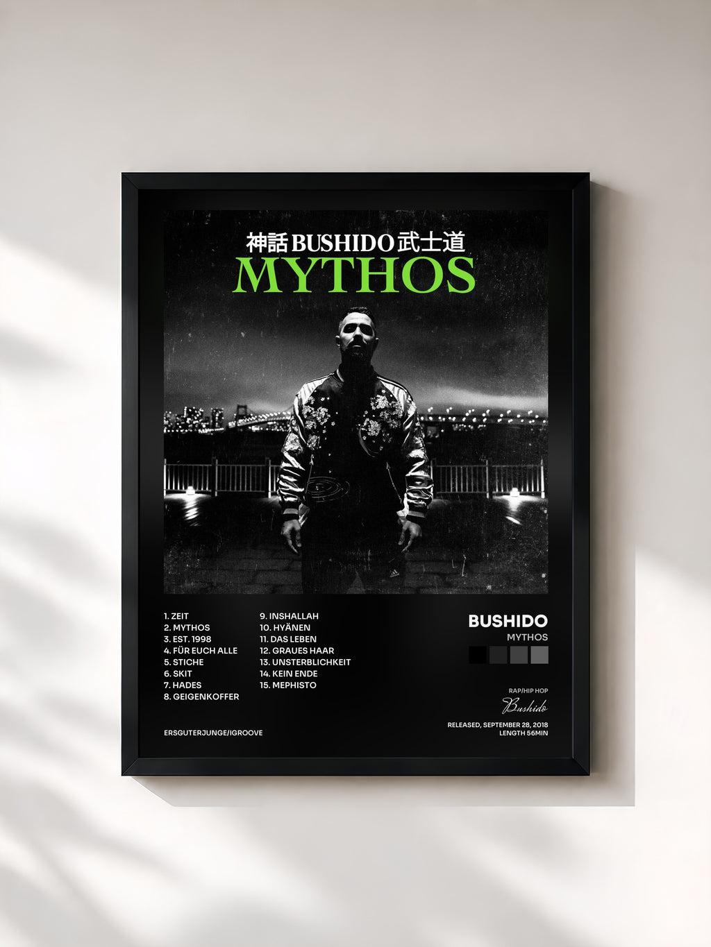 #noir Tableau de l'album Mythos de Bushido, cadre noir, imprimé et encadré en France