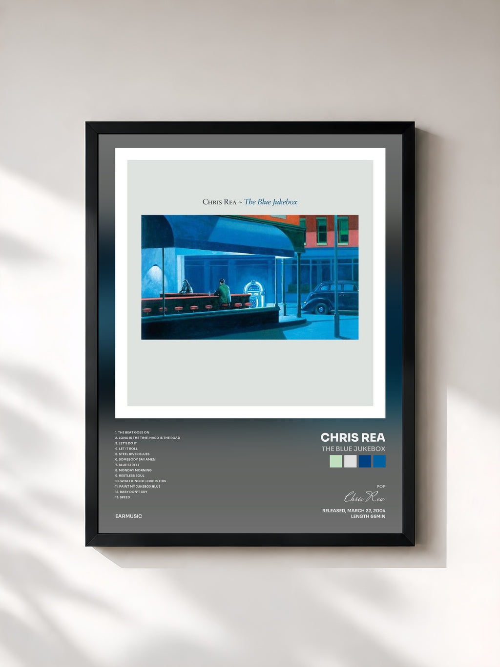 #noir Tableau de l'album The Blue Jukebox de Chris Rea, cadre noir, imprimé et encadré en France