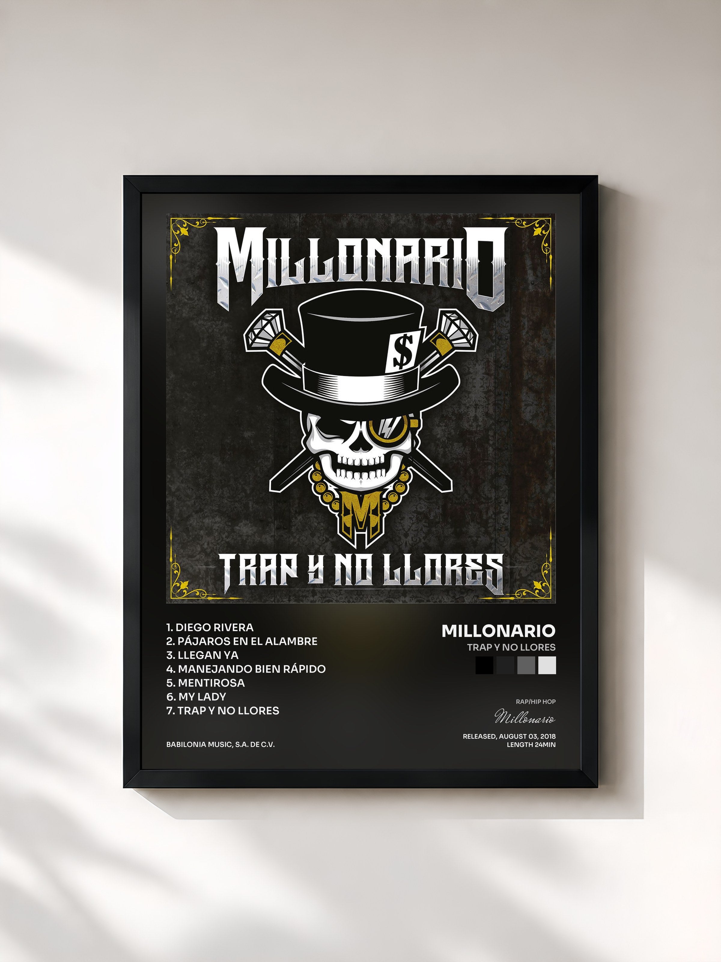 #noir Tableau de l'album Trap y No Llores de Millonario, cadre noir, imprimé et encadré en France