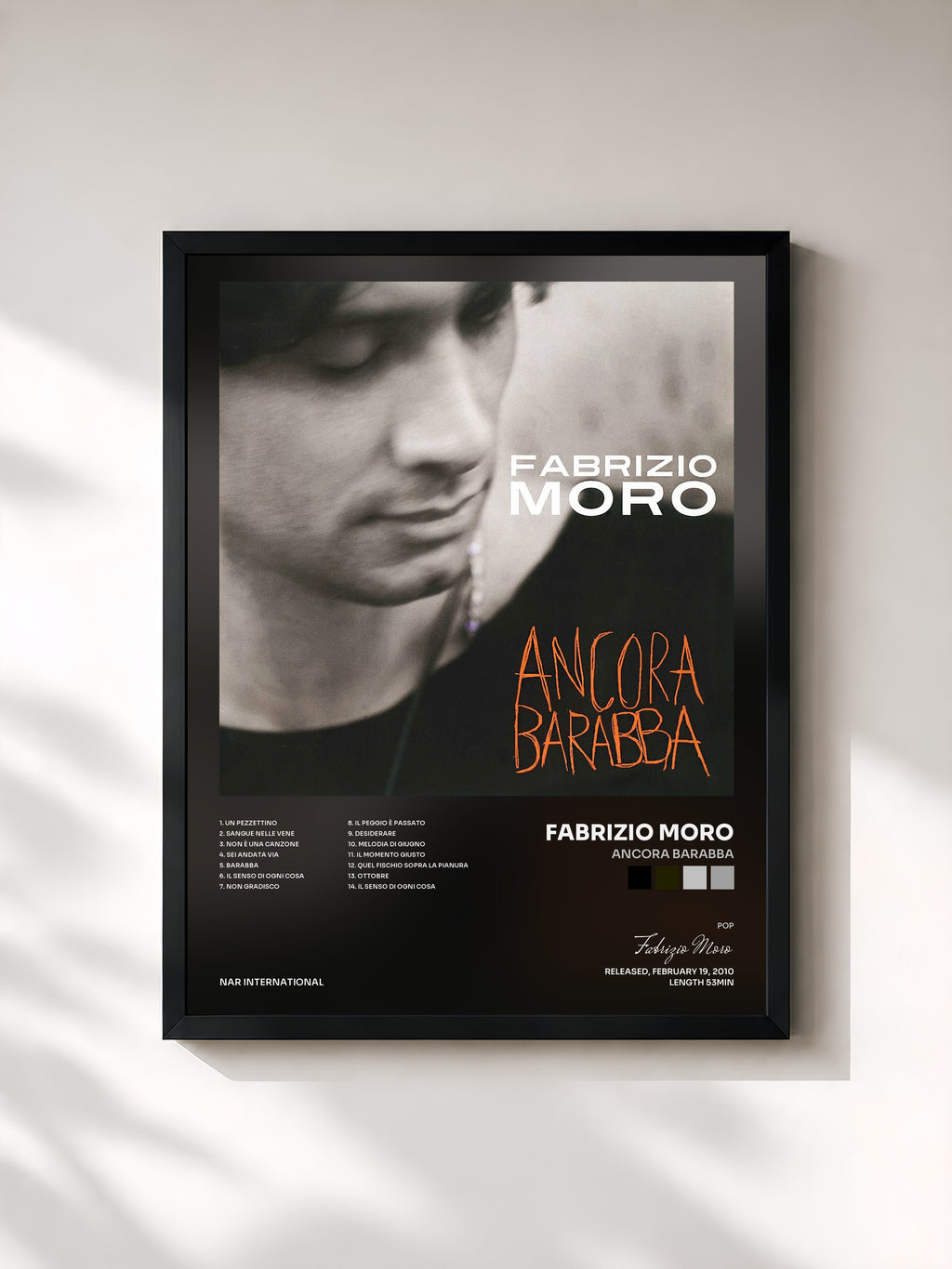 #noir Tableau de l'album Ancora barabba de Fabrizio Moro, cadre noir, imprimé et encadré en France
