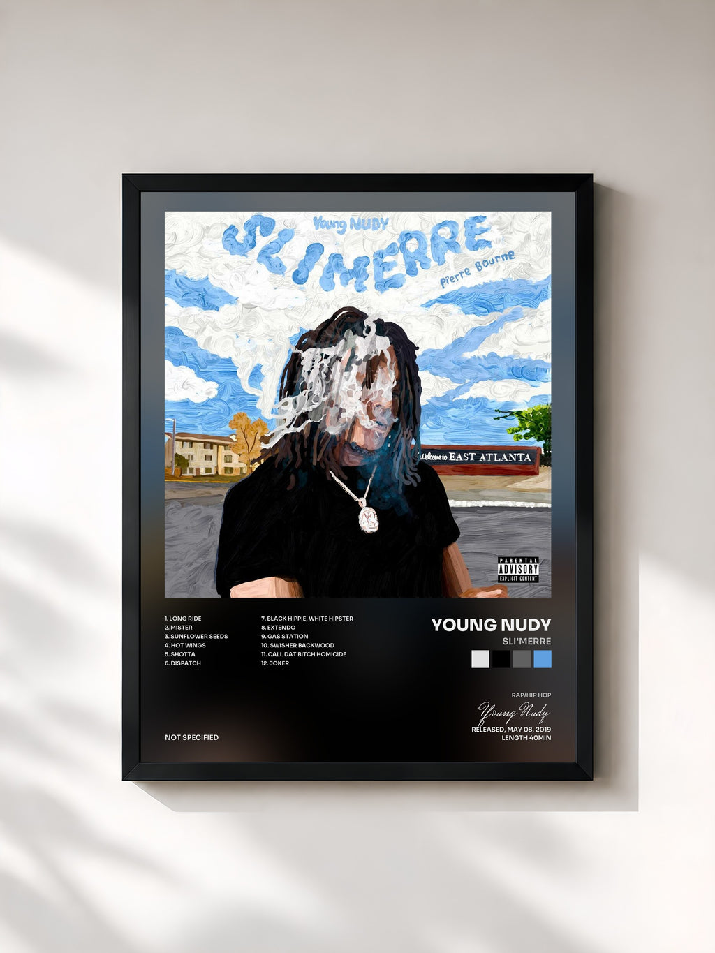 #noir Tableau de l'album Sli'merre de Young Nudy, cadre noir, imprimé et encadré en France