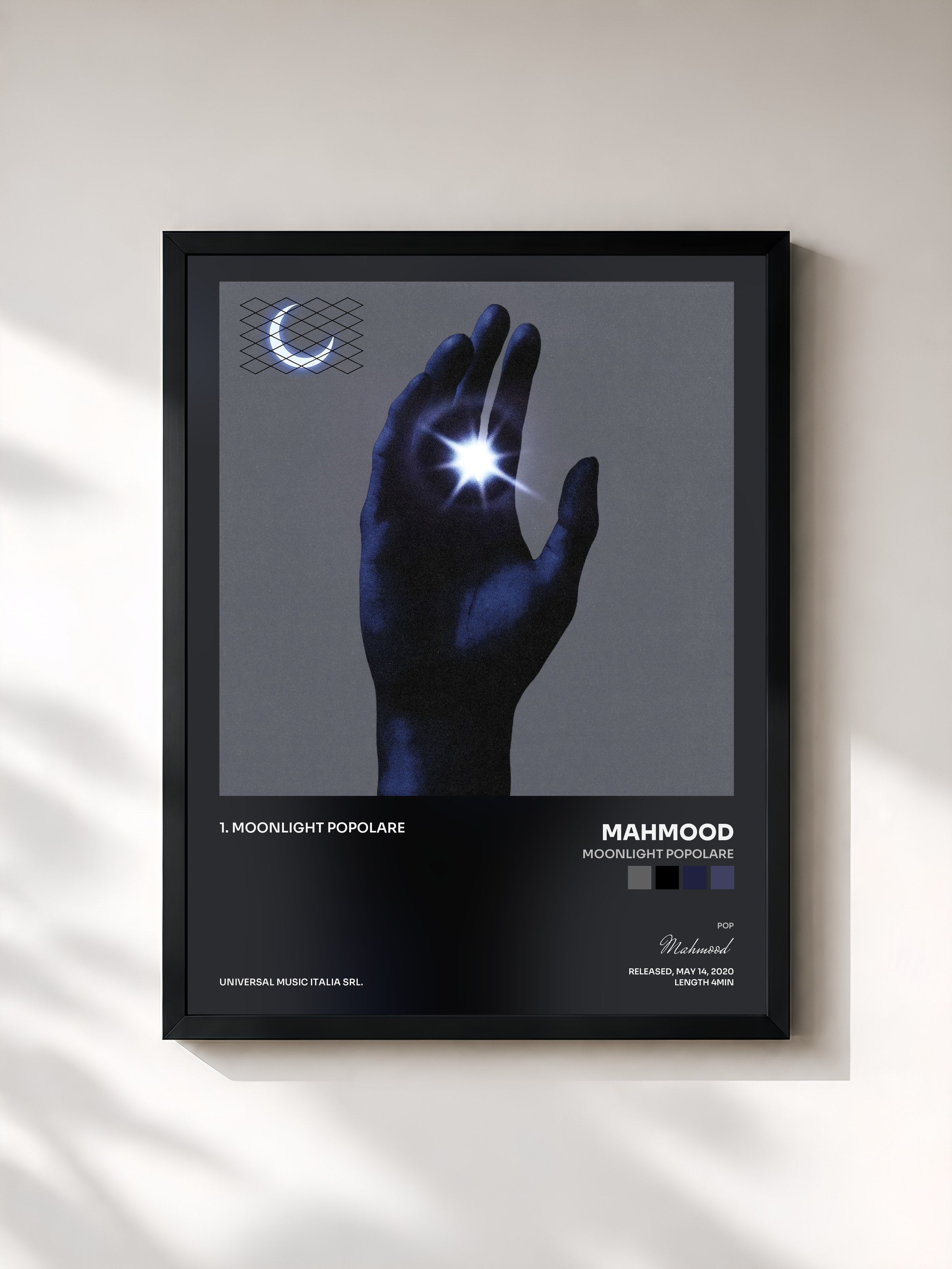 #noir Tableau de l'album Moonlight Popolare de Mahmood, cadre noir, imprimé et encadré en France