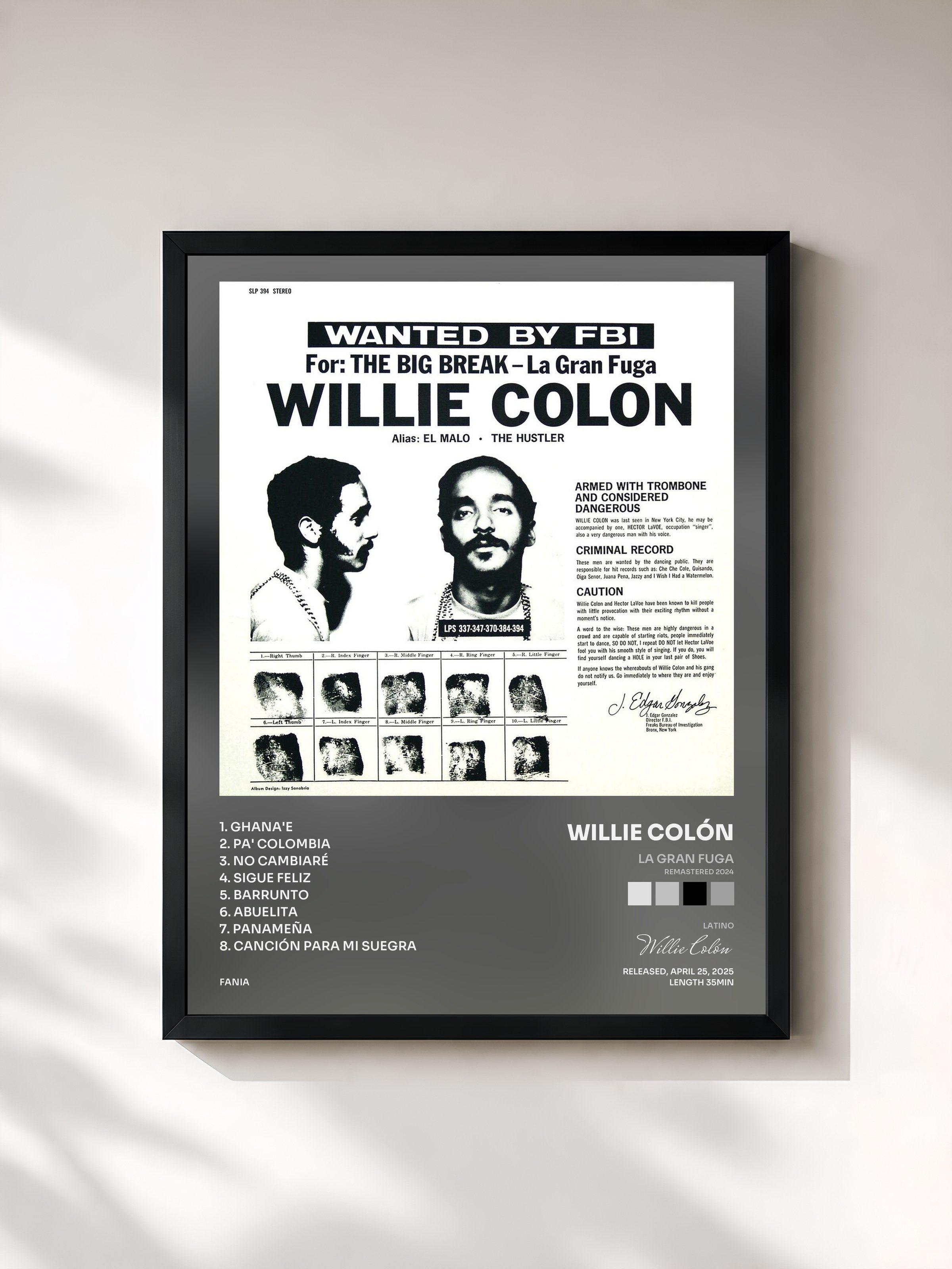 #noir Tableau de l'album La Gran Fuga (Remastered 2024) de Willie Colón, cadre noir, imprimé et encadré en France