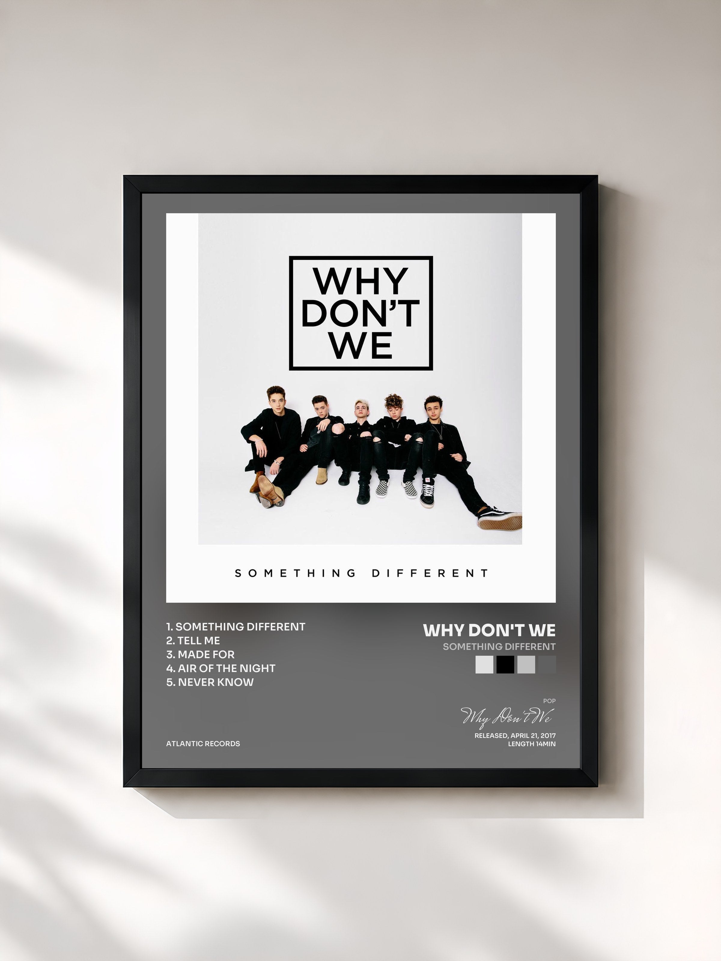 #noir Tableau de l'album Something Different de Why Don't We, cadre noir, imprimé et encadré en France