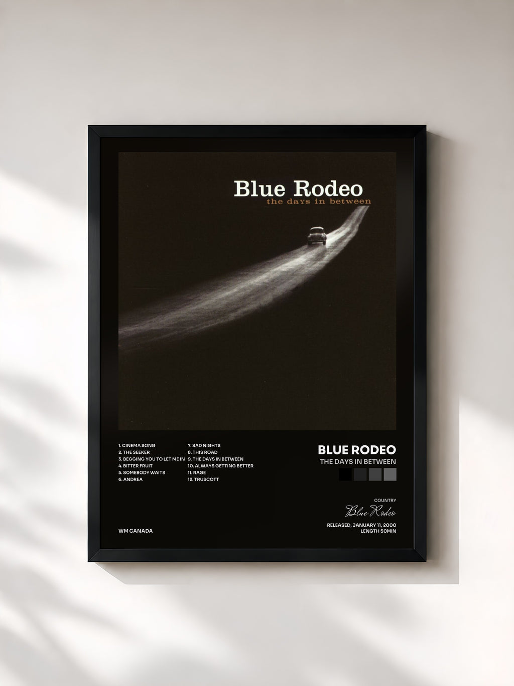 #noir Tableau de l'album The Days in Between de Blue Rodeo, cadre noir, imprimé et encadré en France