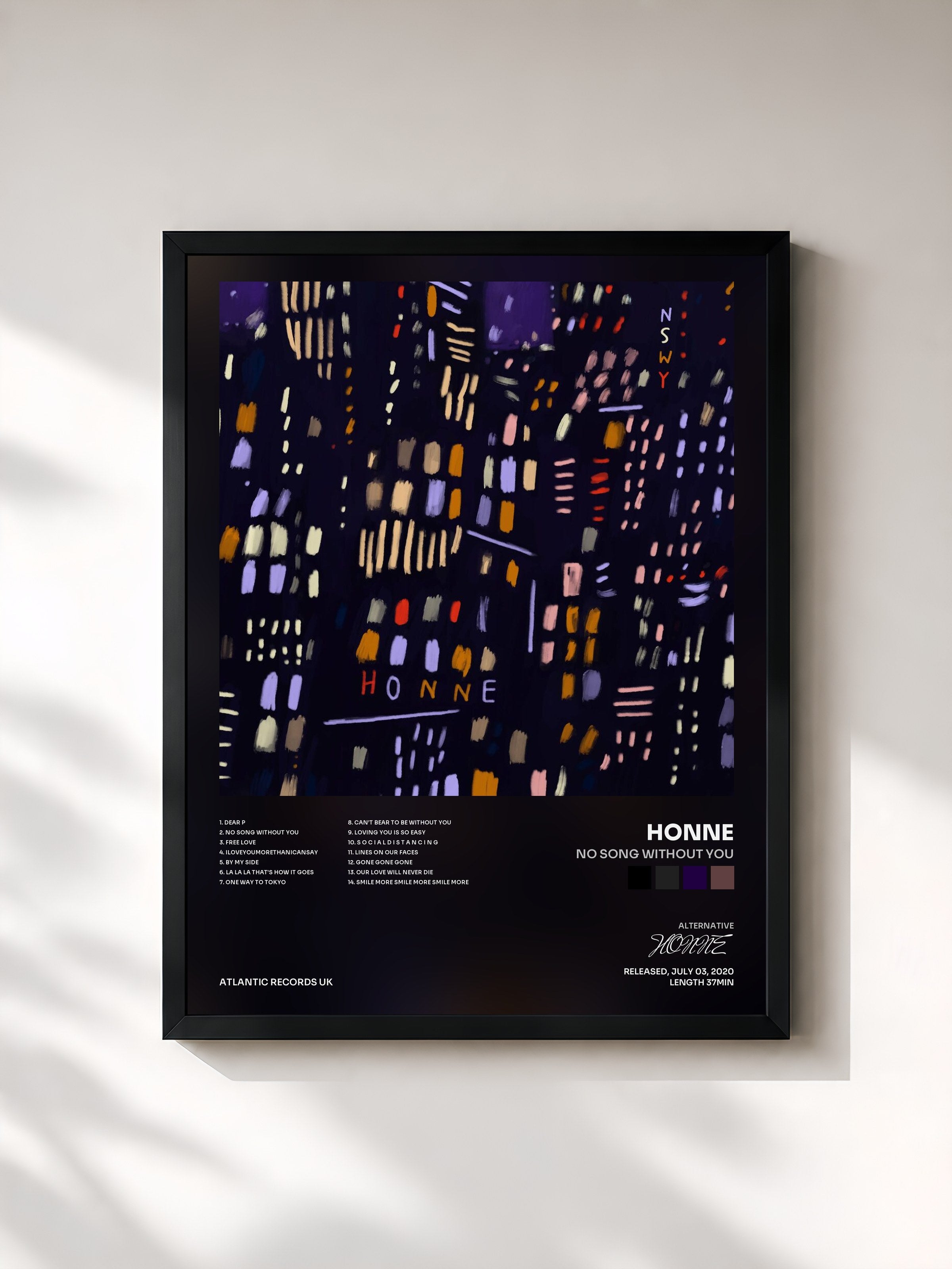 #noir Tableau de l'album no song without you de HONNE, cadre noir, imprimé et encadré en France