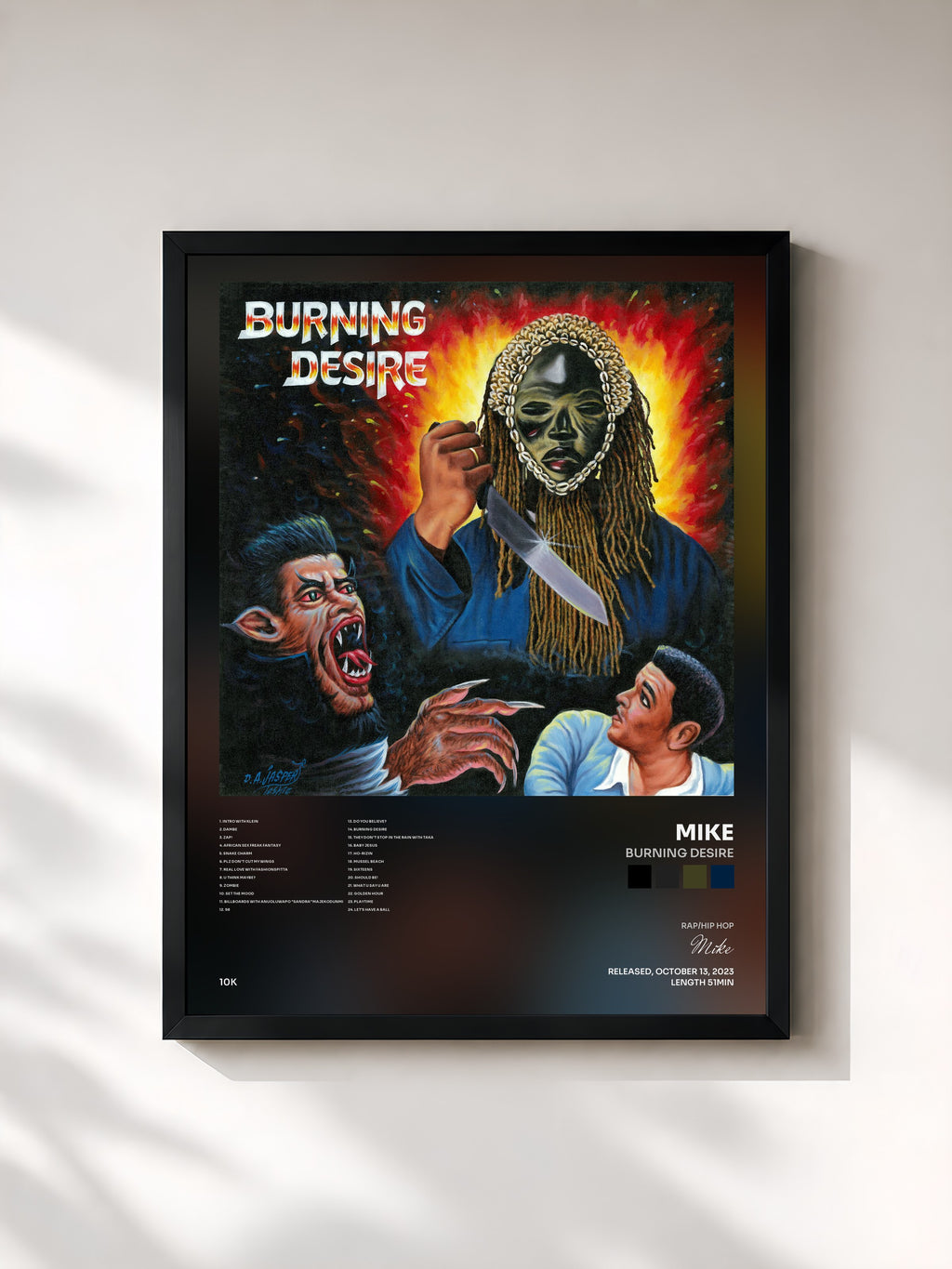 #noir Tableau de l'album Burning Desire de Mike, cadre noir, imprimé et encadré en France