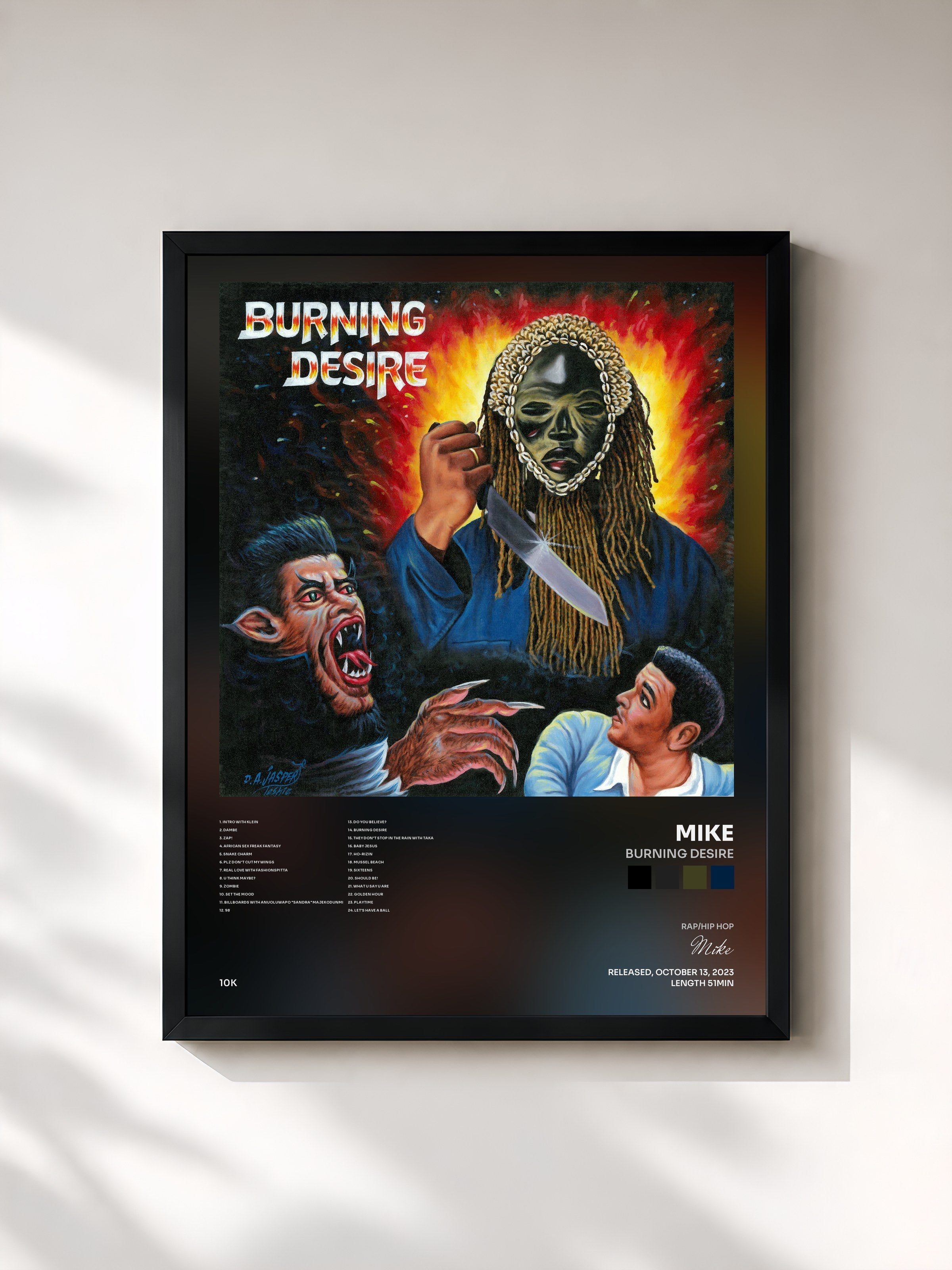 #noir Tableau de l'album Burning Desire de Mike, cadre noir, imprimé et encadré en France