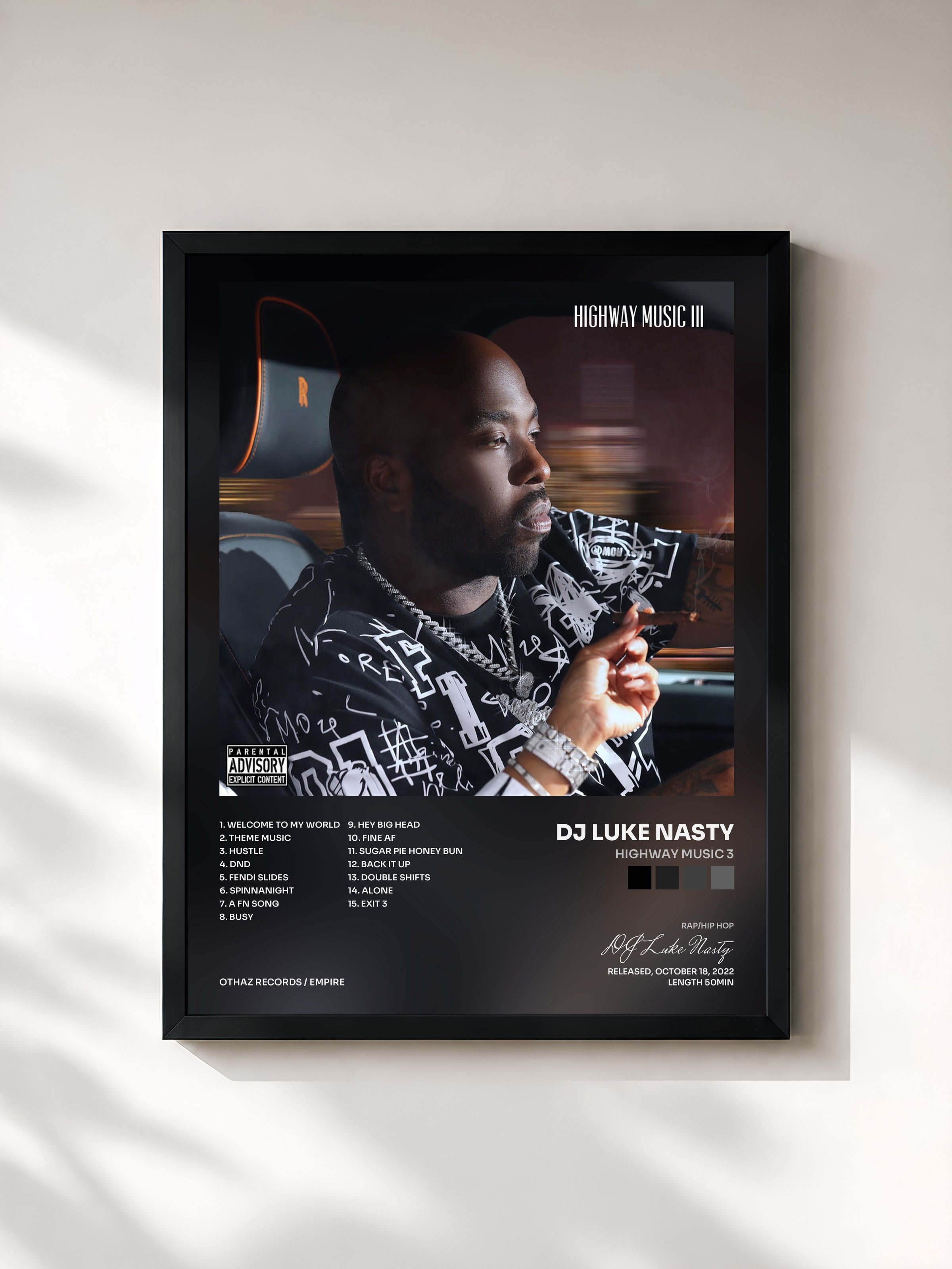 #noir Tableau de l'album Highway Music 3 de DJ Luke Nasty, cadre noir, imprimé et encadré en France