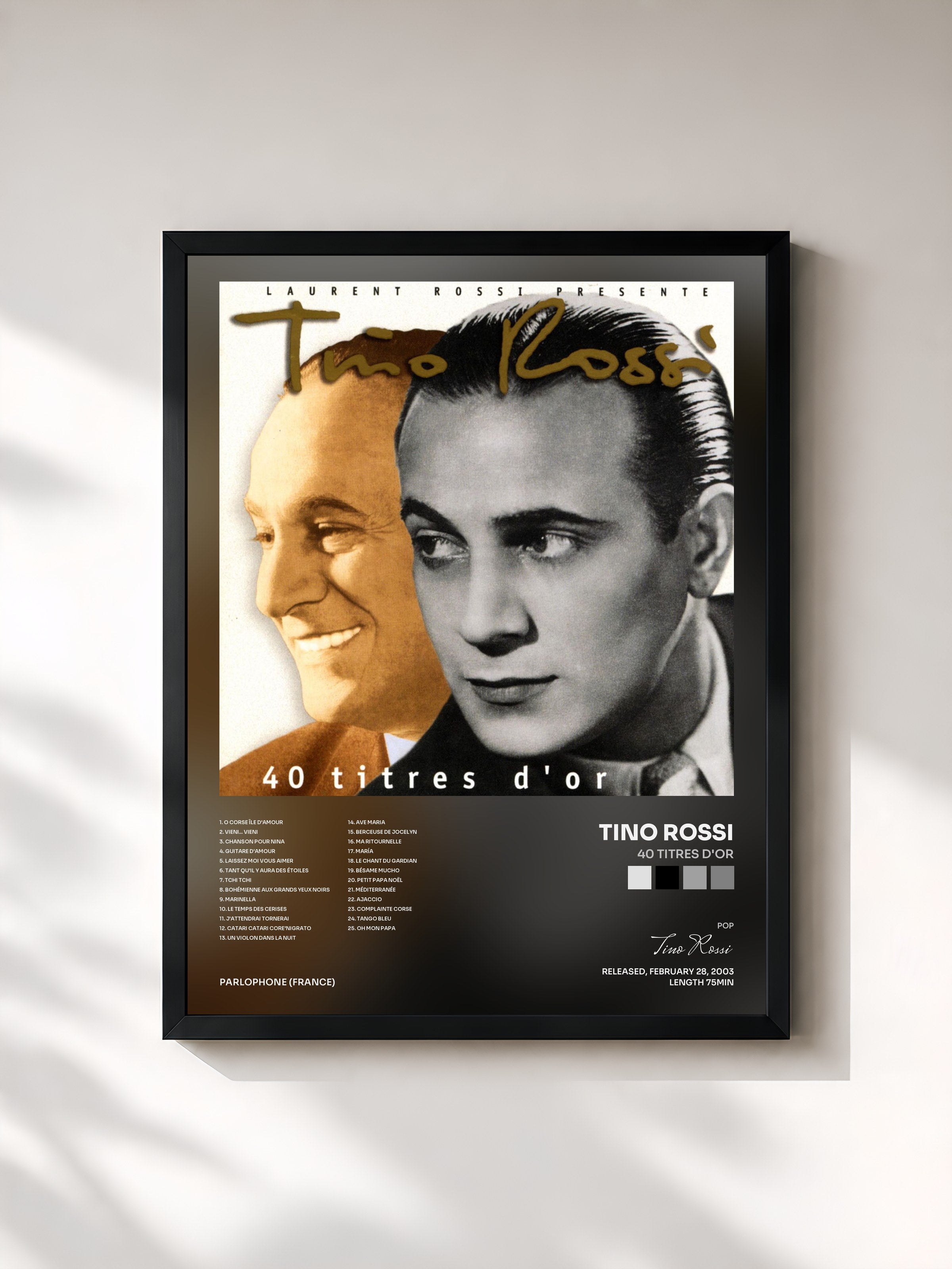 #noir Tableau de l'album 40 titres d'or de Tino Rossi, cadre noir, imprimé et encadré en France