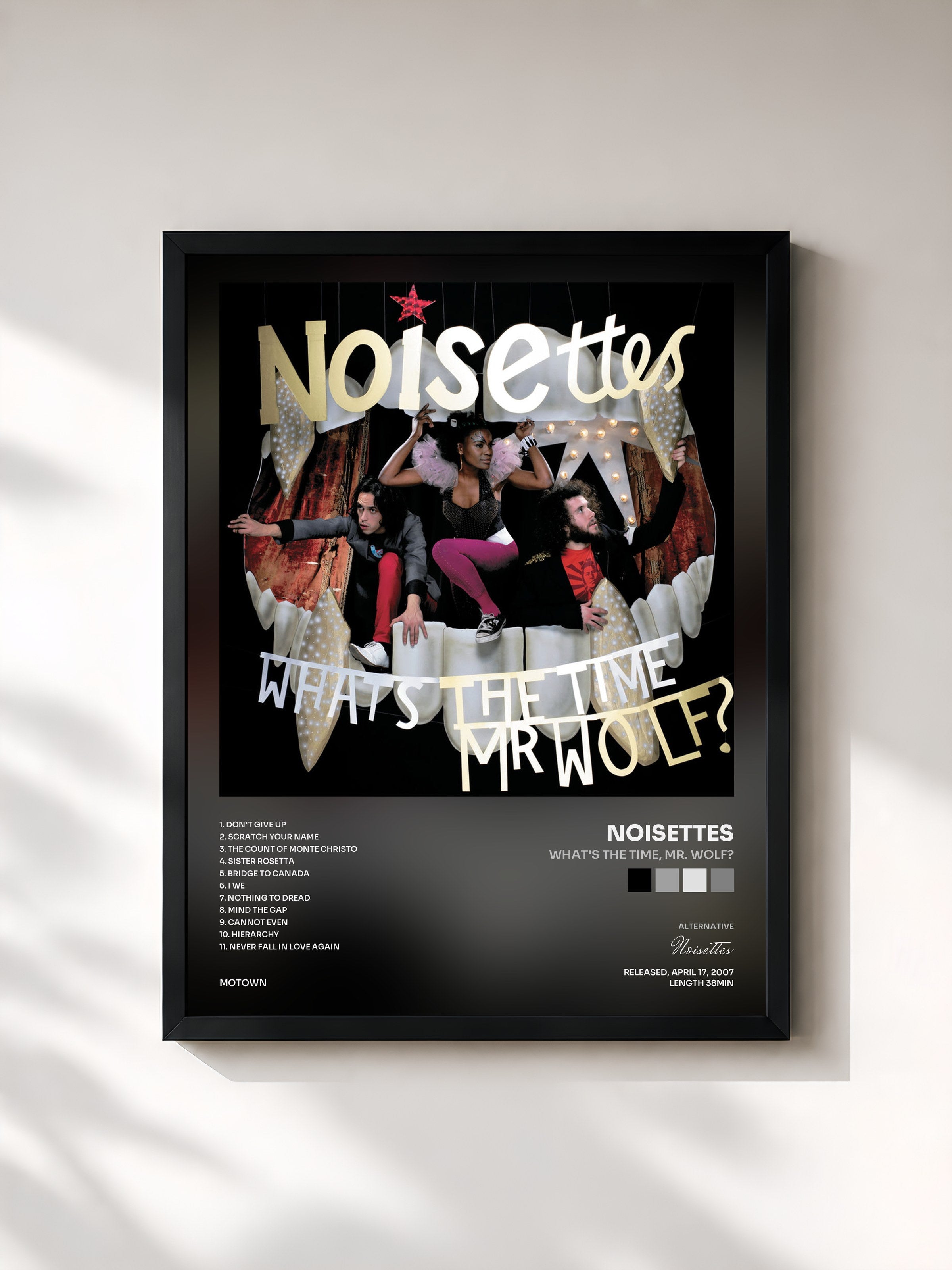 #noir Tableau de l'album What's The Time, Mr. Wolf? de Noisettes, cadre noir, imprimé et encadré en France