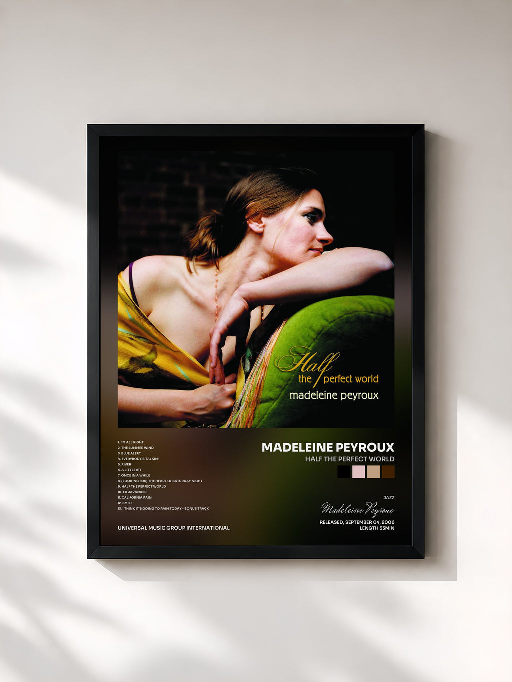 #noir Tableau de l'album Half The Perfect World de Madeleine Peyroux, cadre noir, imprimé et encadré en France