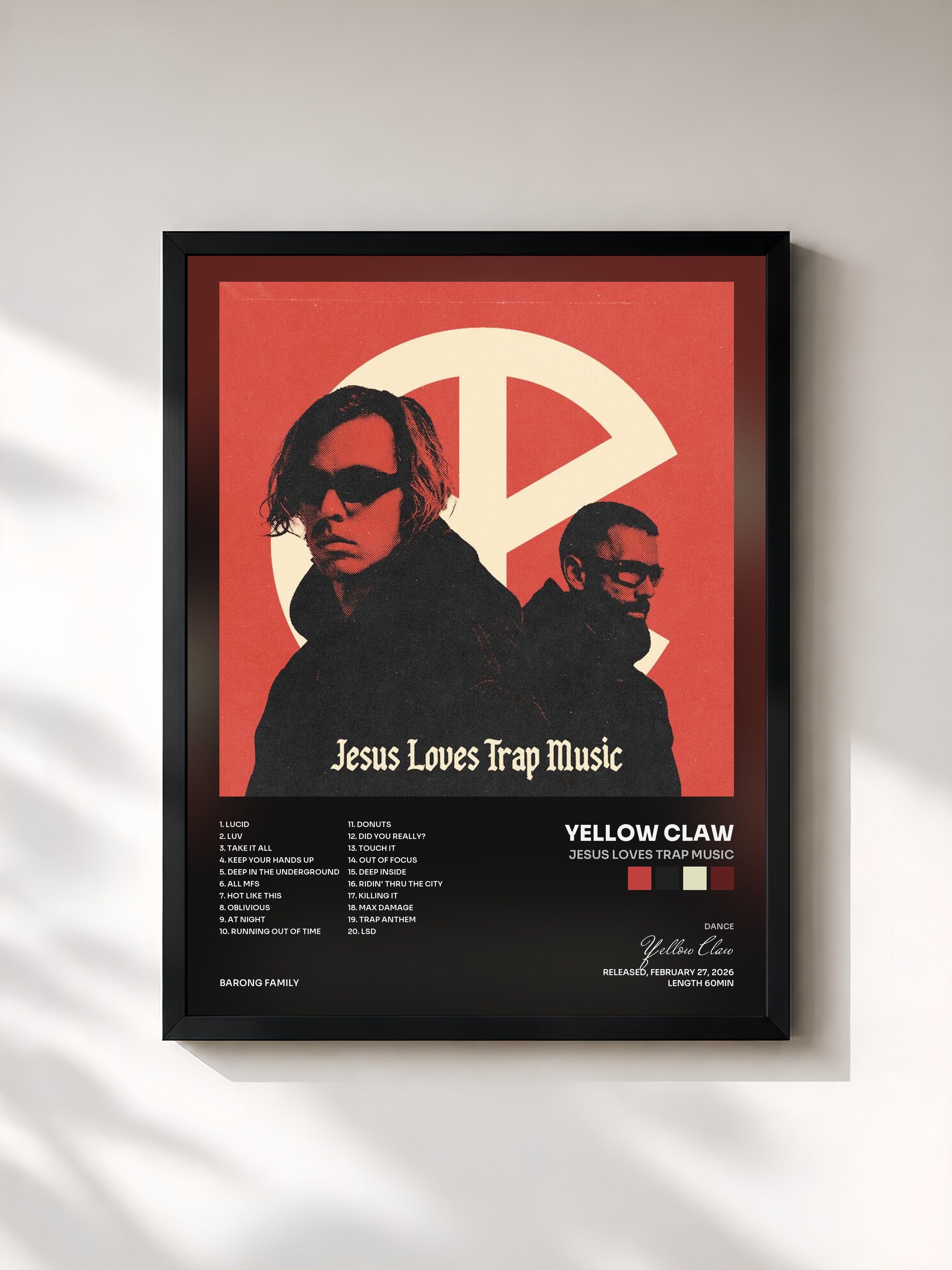 #noir Tableau de l'album Jesus Loves Trap Music de Yellow Claw, cadre noir, imprimé et encadré en France