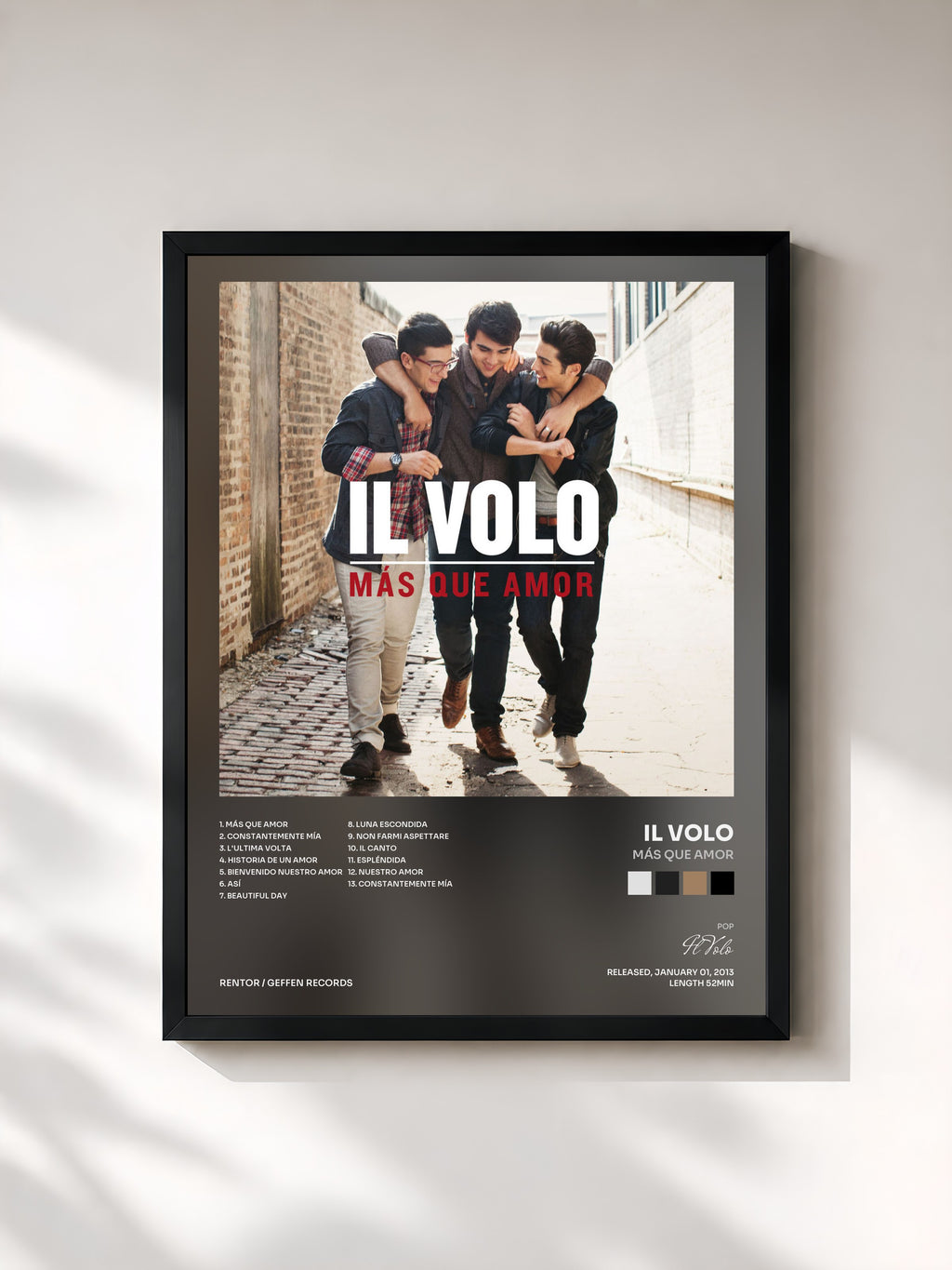 #noir Tableau de l'album Más Que Amor de Il Volo, cadre noir, imprimé et encadré en France