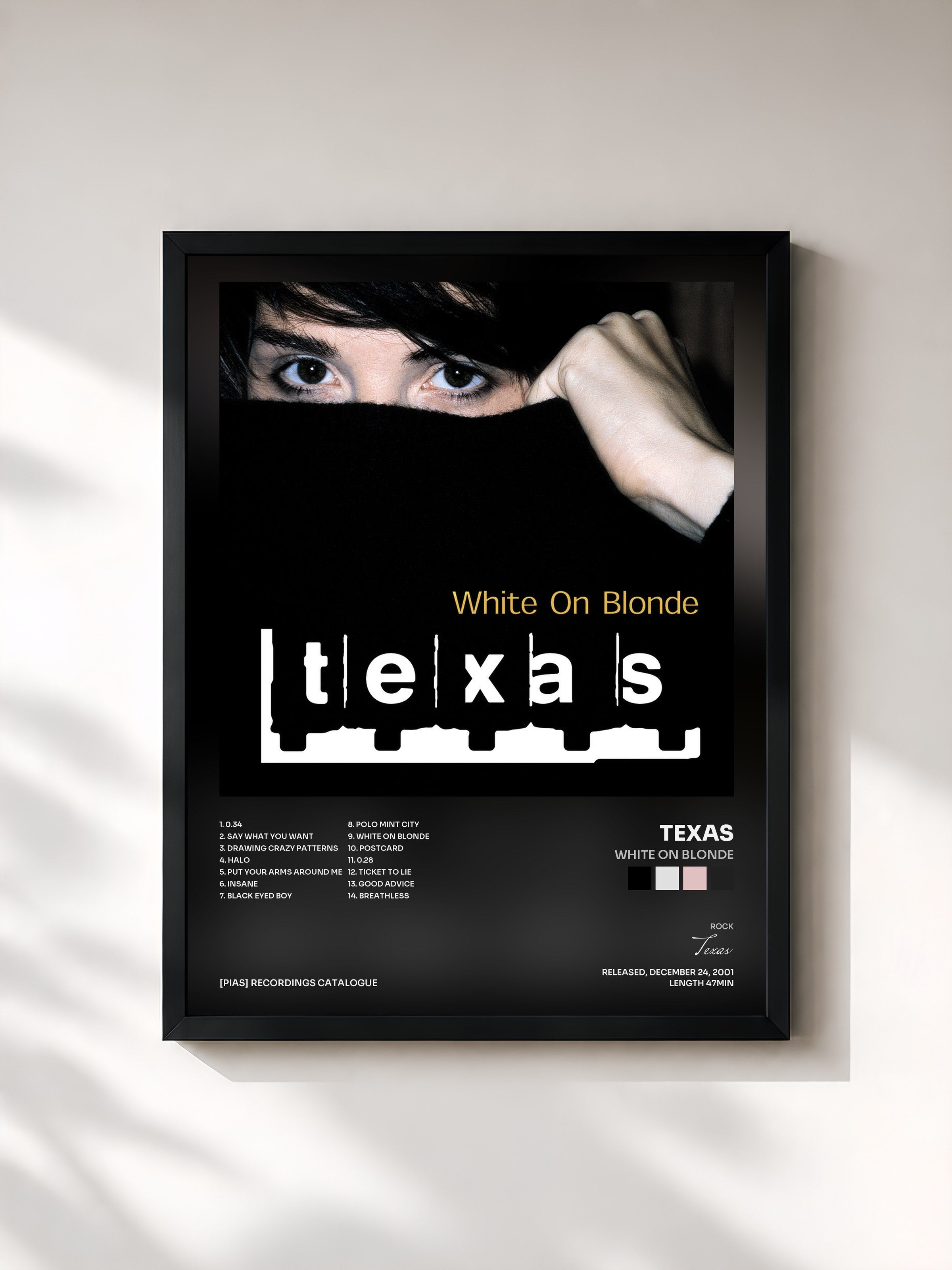 #noir Tableau de l'album White On Blonde de Texas, cadre noir, imprimé et encadré en France