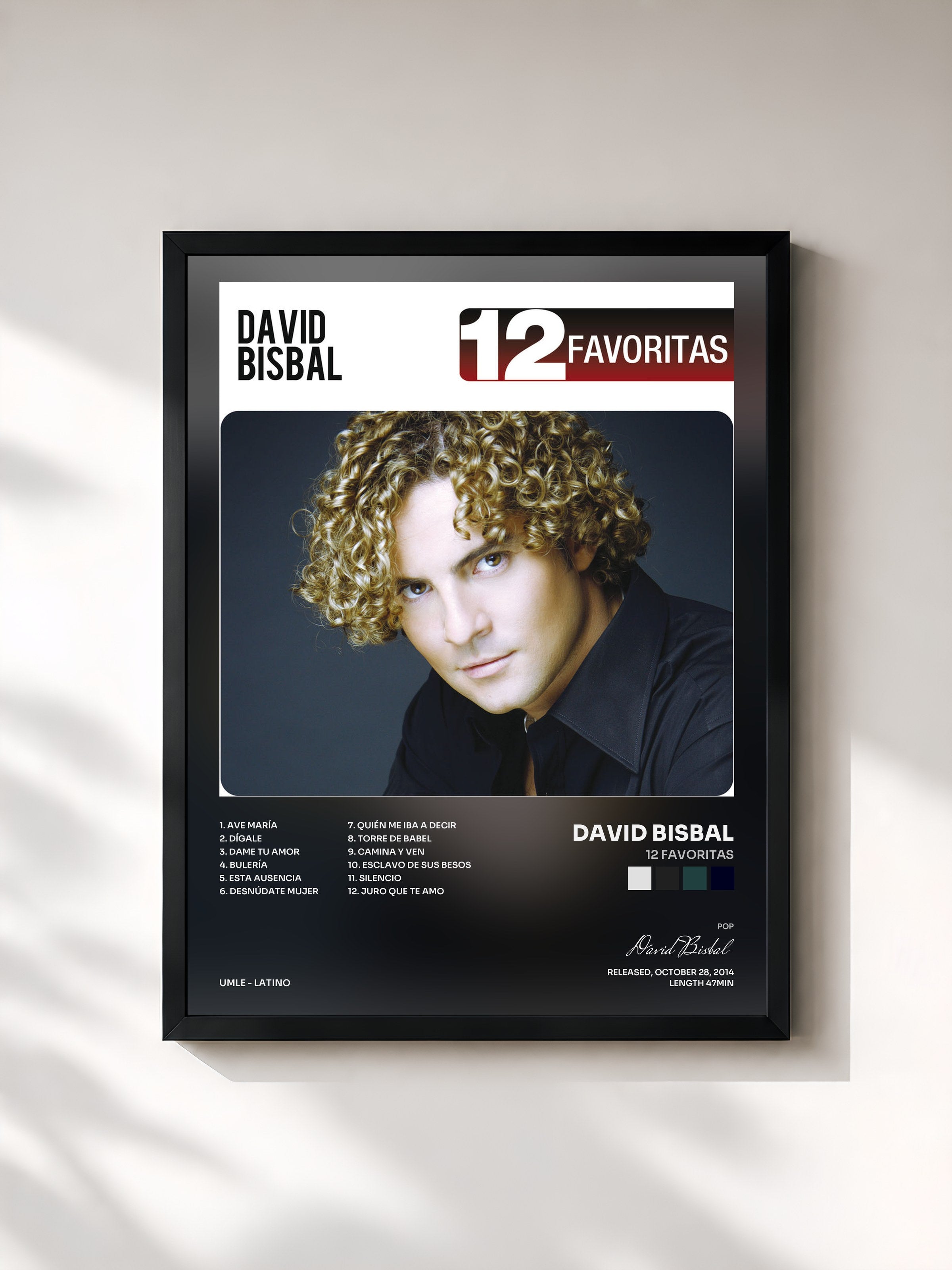#noir Tableau de l'album 12 Favoritas de David Bisbal, cadre noir, imprimé et encadré en France