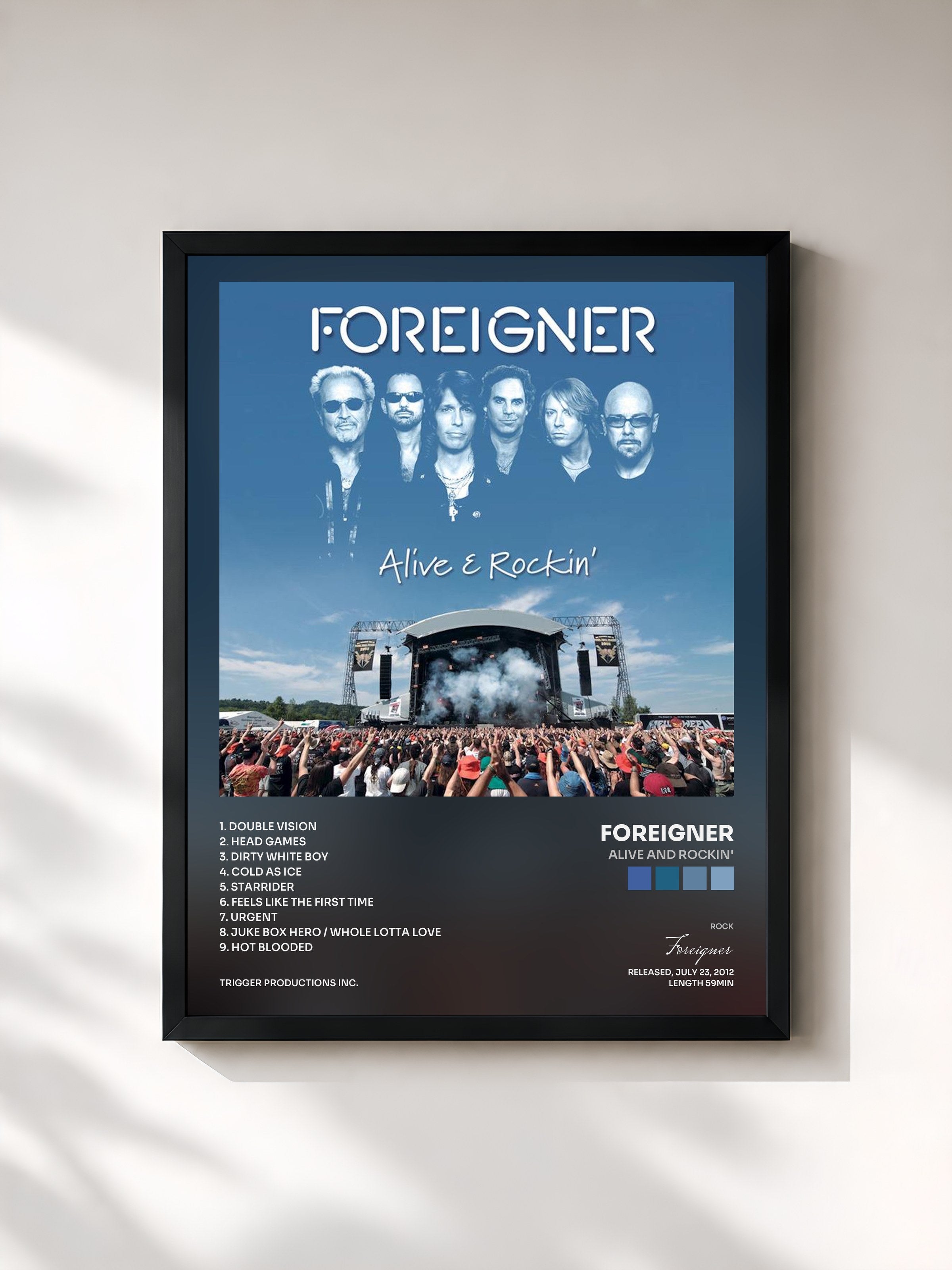 #noir Tableau de l'album Alive And Rockin' de Foreigner, cadre noir, imprimé et encadré en France